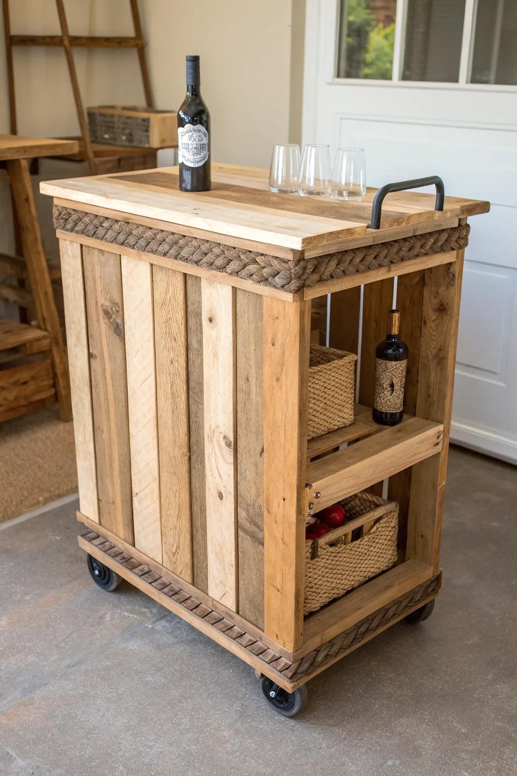 Rustic pallet mobile bar: smooth sealed top, bold contrast, and farmhouse charm on wheels.