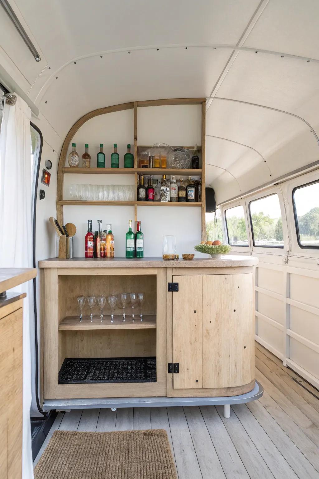Open-shelf back bar with lip rails—beautiful, secure bottle display for a mobile bar trailer.