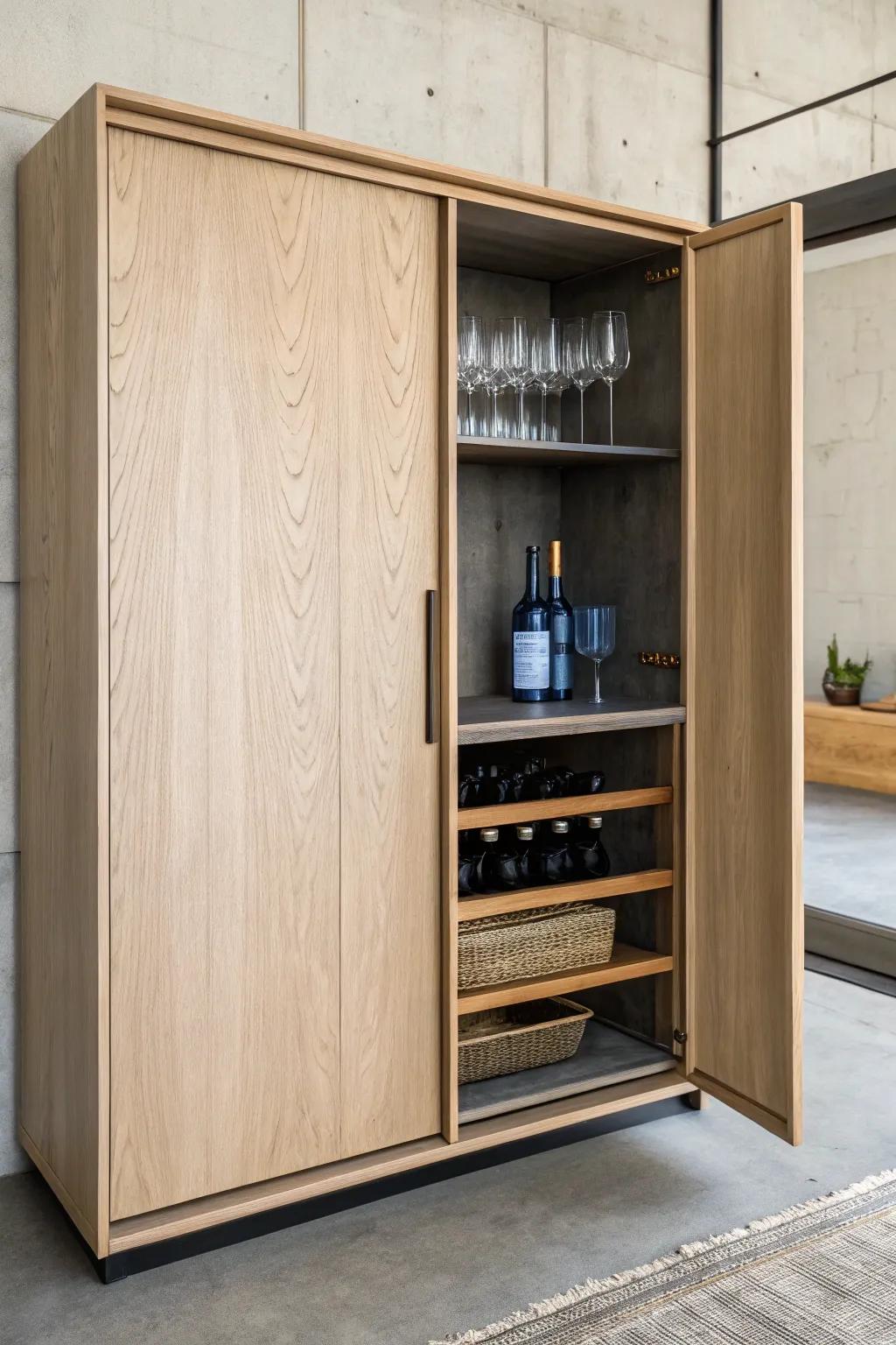 Pocket doors glide away to reveal a sleek hidden bar—clean lines outside, bold color within.