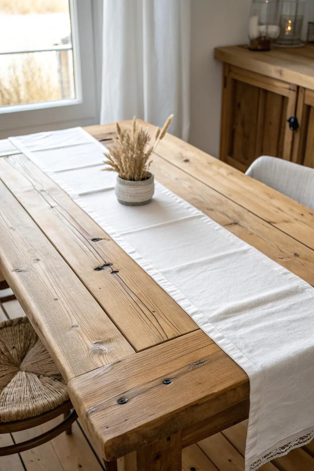 Crisp white linen runner on raw wood—minimal, barn-ready, and beautifully bright.