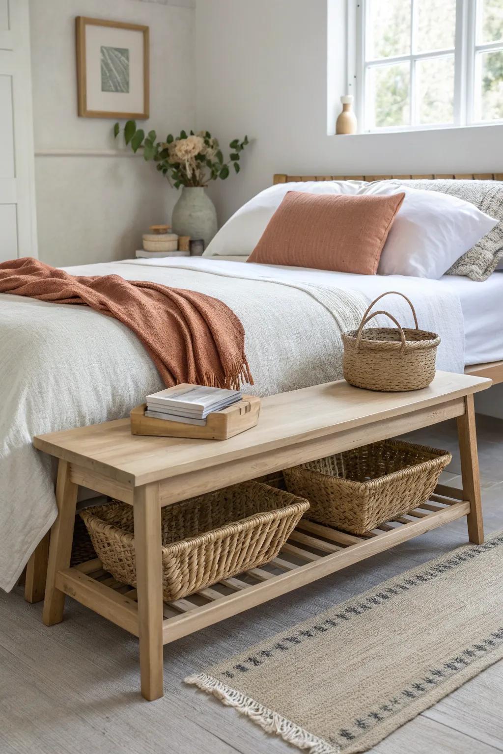 Open-shelf oak bench with matching woven baskets—modern storage that feels calm and curated.