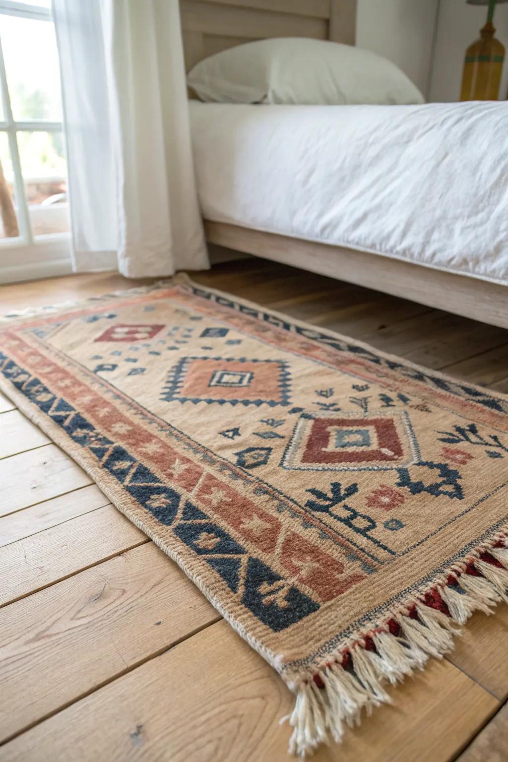 A vintage rug under the bed adds instant boho soul to clean Scandinavian lines.