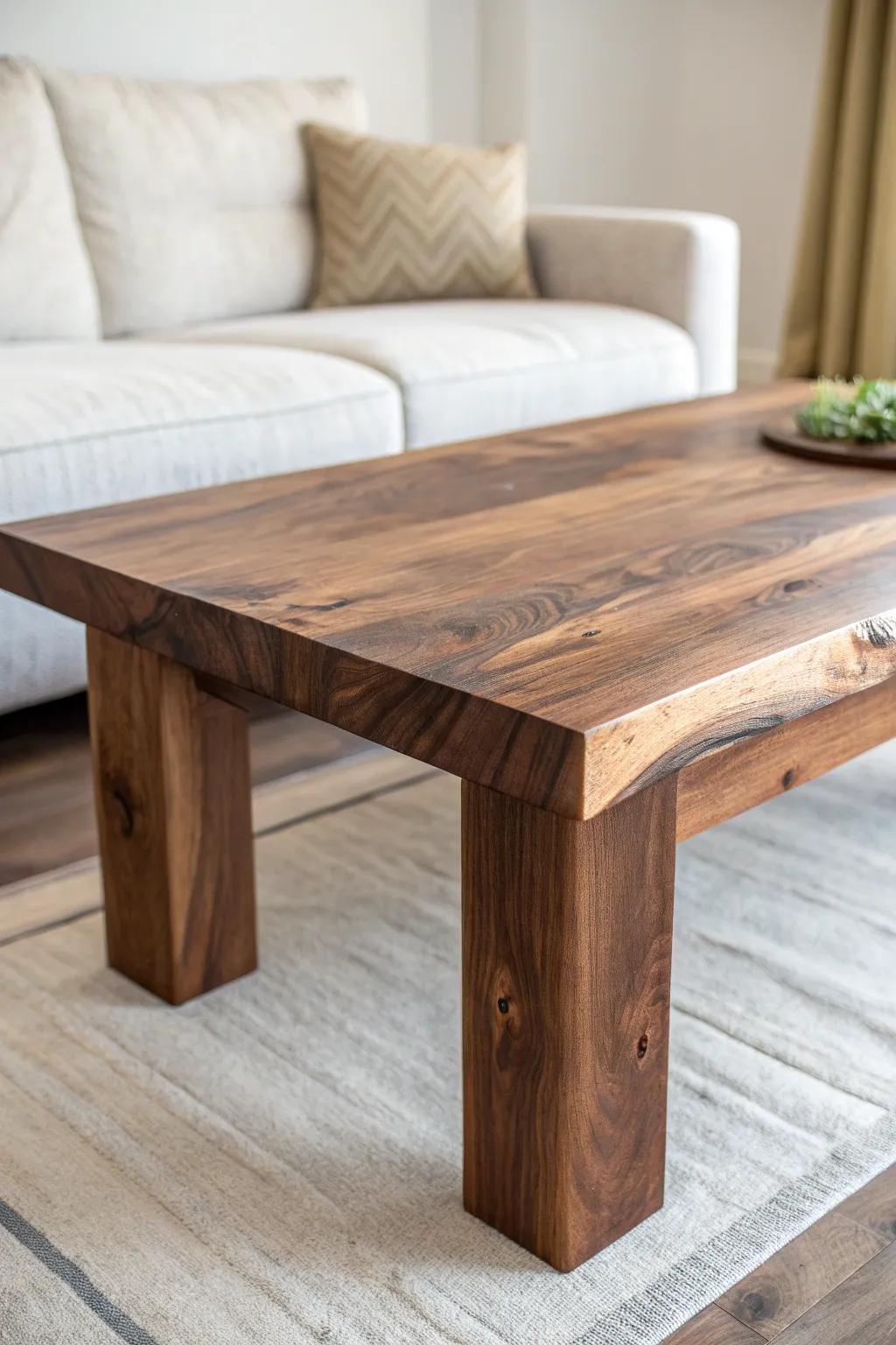 Chunky reclaimed wood coffee table—modern brown warmth with bold grain and clean lines.