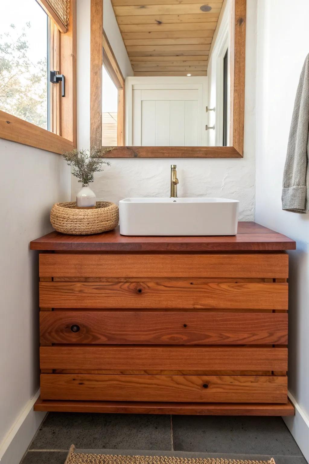 Horizontal cedar planks make a narrow bathroom feel wider—warm wood, clean lines, bold contrast.