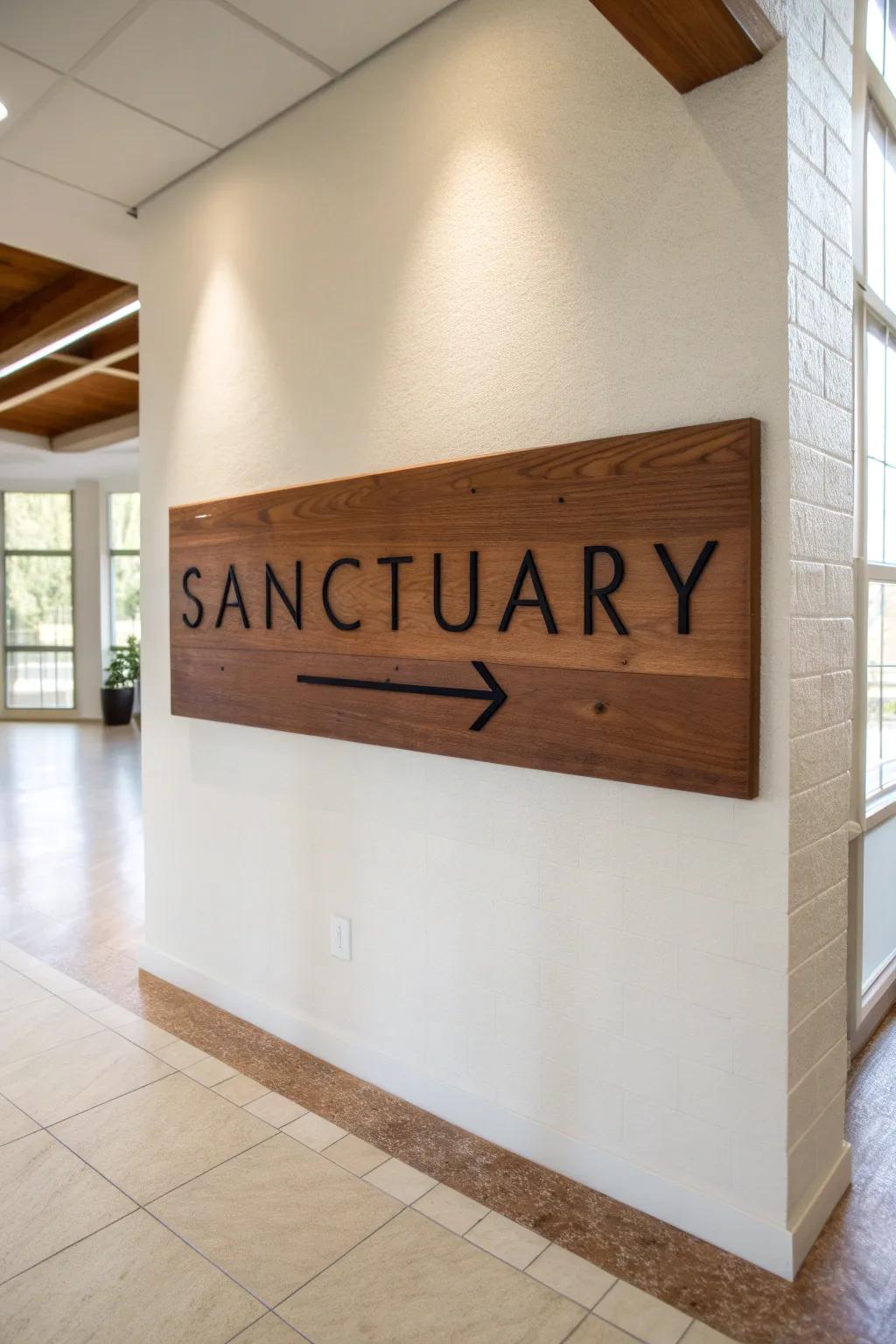 Bold stained plywood signage adds modern, welcoming direction with clean, handcrafted style.