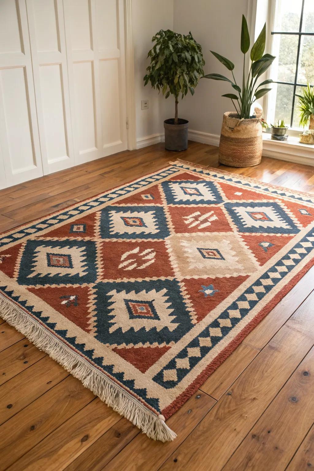 An oversized handwoven rug on warm oak grounds the room with modern-classic cozy contrast.