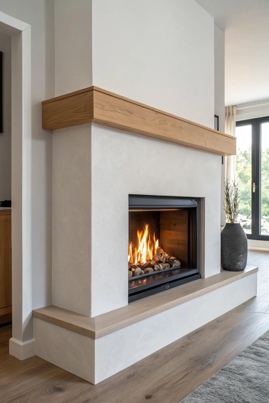 Slim linear corner firebox with a pale oak floating mantel—modern, airy, and architectural.