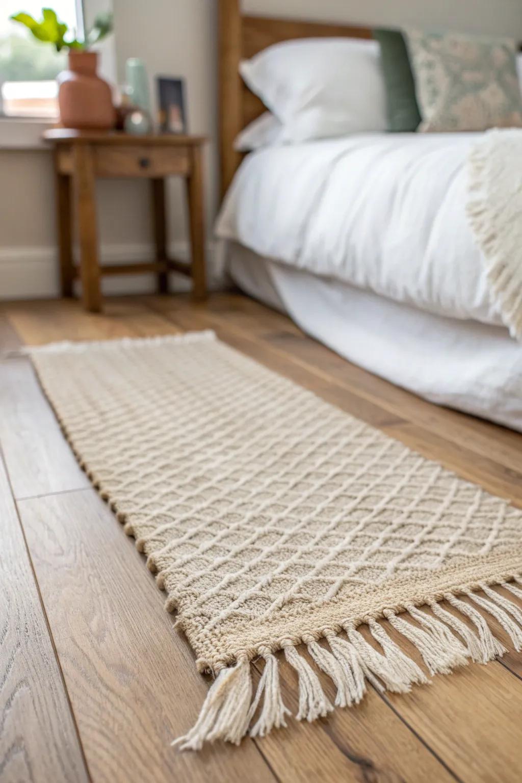 Light oak floors + a soft neutral runner—an easy modern cottage upgrade that calms any bedroom.