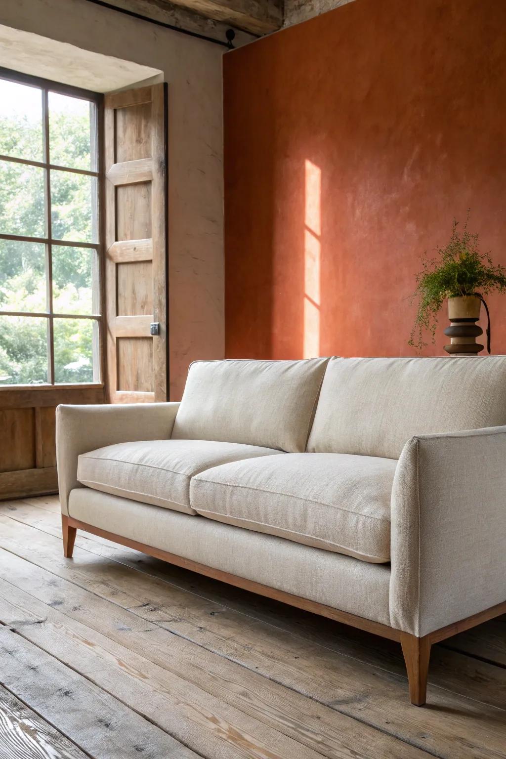 Oversized linen-look sofa with oak legs—simple, comfy, and perfect for a modern country living room.