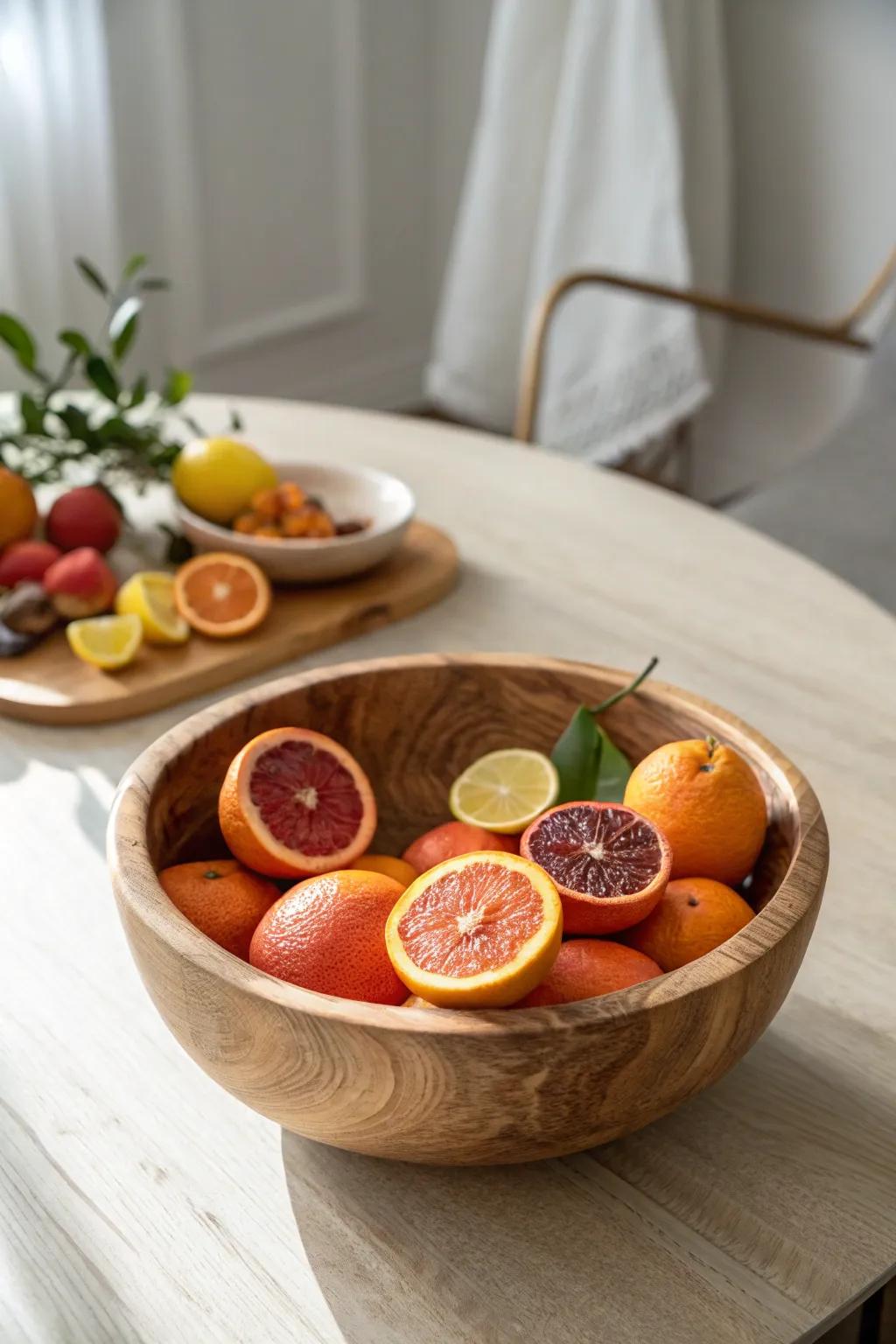 Low wood bowl centerpiece with seasonal citrus—minimal, modern, and warmly crafted.