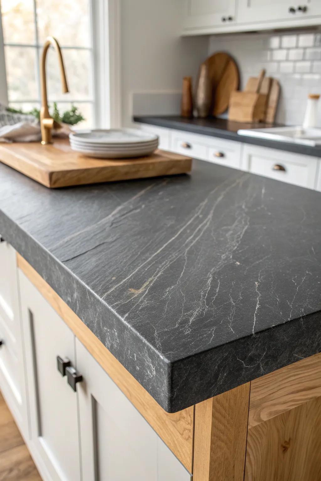 Matte soapstone brings moody farmhouse contrast—soft, velvety, and beautifully lived-in.