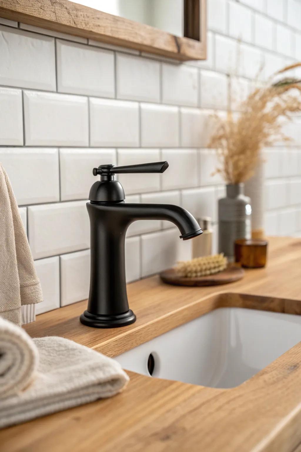Matte black faucet brings crisp contrast to white tile and warm oak—farmhouse, refined.