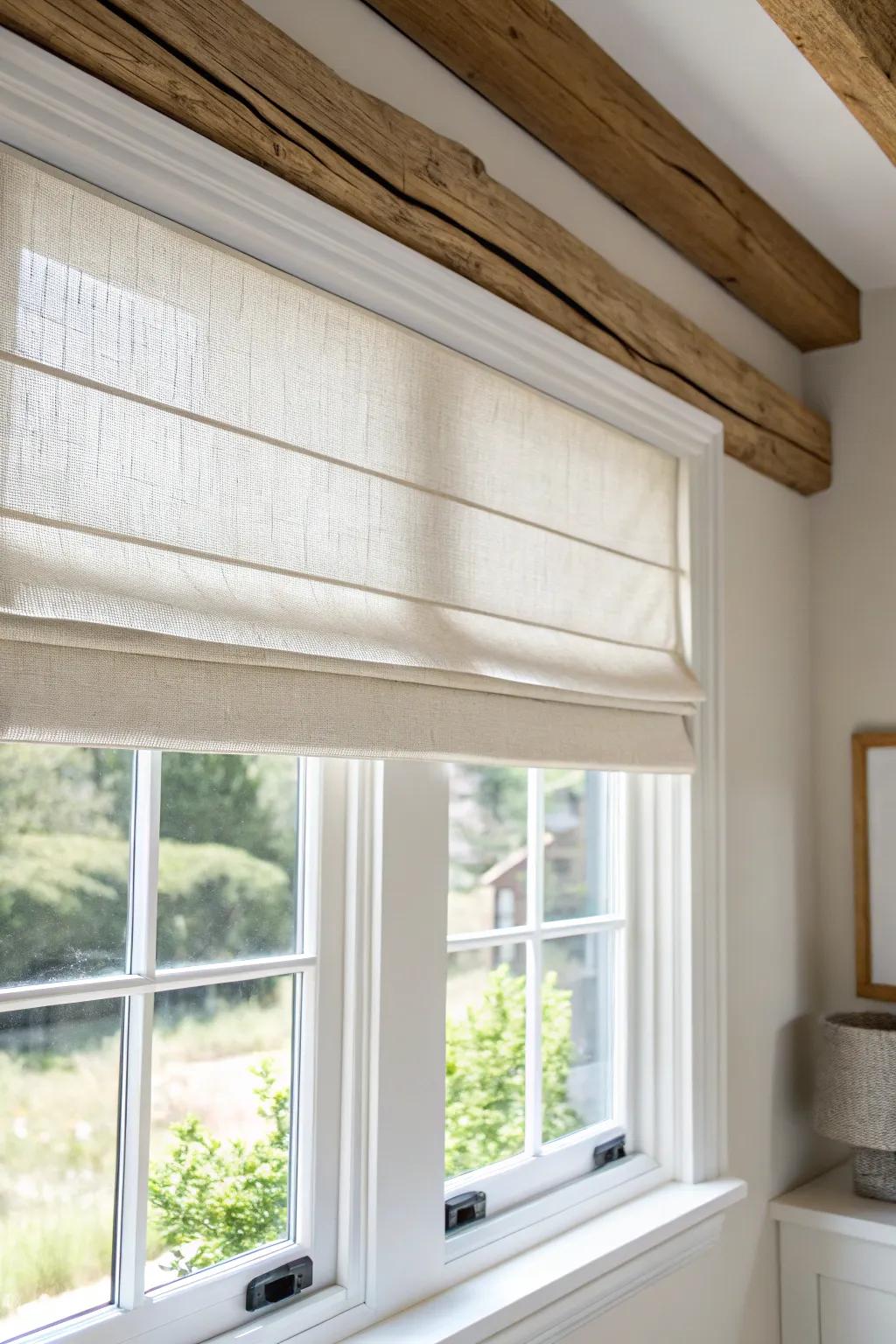 Tailored oatmeal Roman shade brings warm texture and clean farmhouse lines to bright windows.