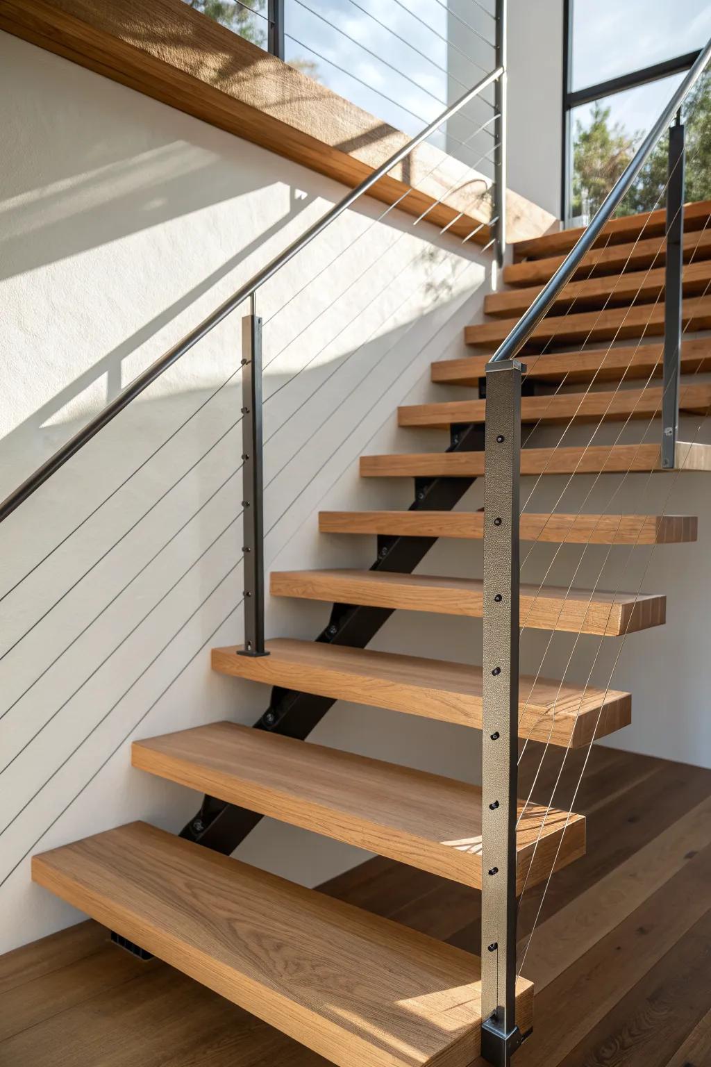 Slim cable rails keep floating oak treads airy—modern lines with warm, crafted detail.