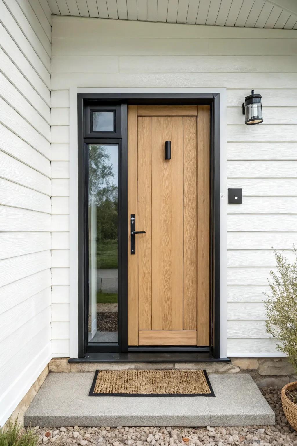 Slim black trim outlines the door like a modern frame—crisp contrast, clean Scandinavian curb appeal.