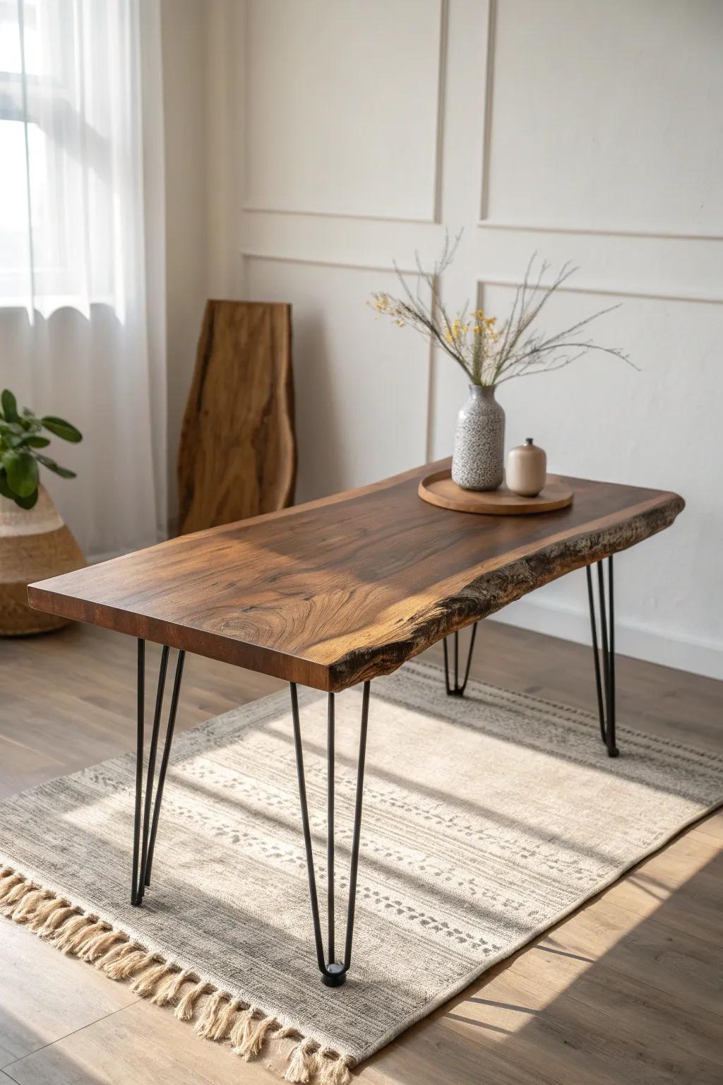 Live-edge walnut meets sleek minimal legs—modern, bold contrast, and naturally matte.