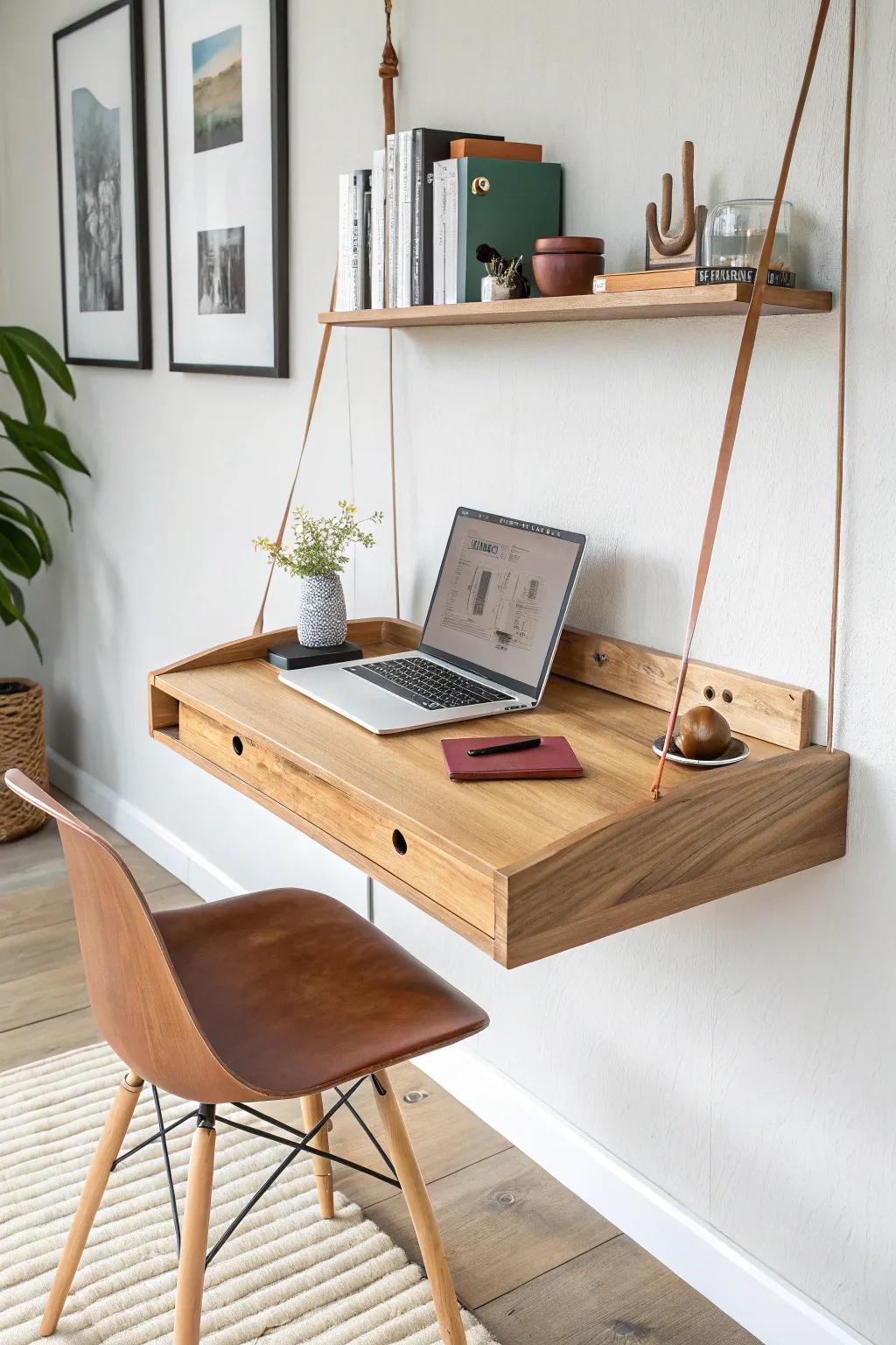 Slim reclaimed-oak floating desk: a small-nook office upgrade with bold contrast and calm style.