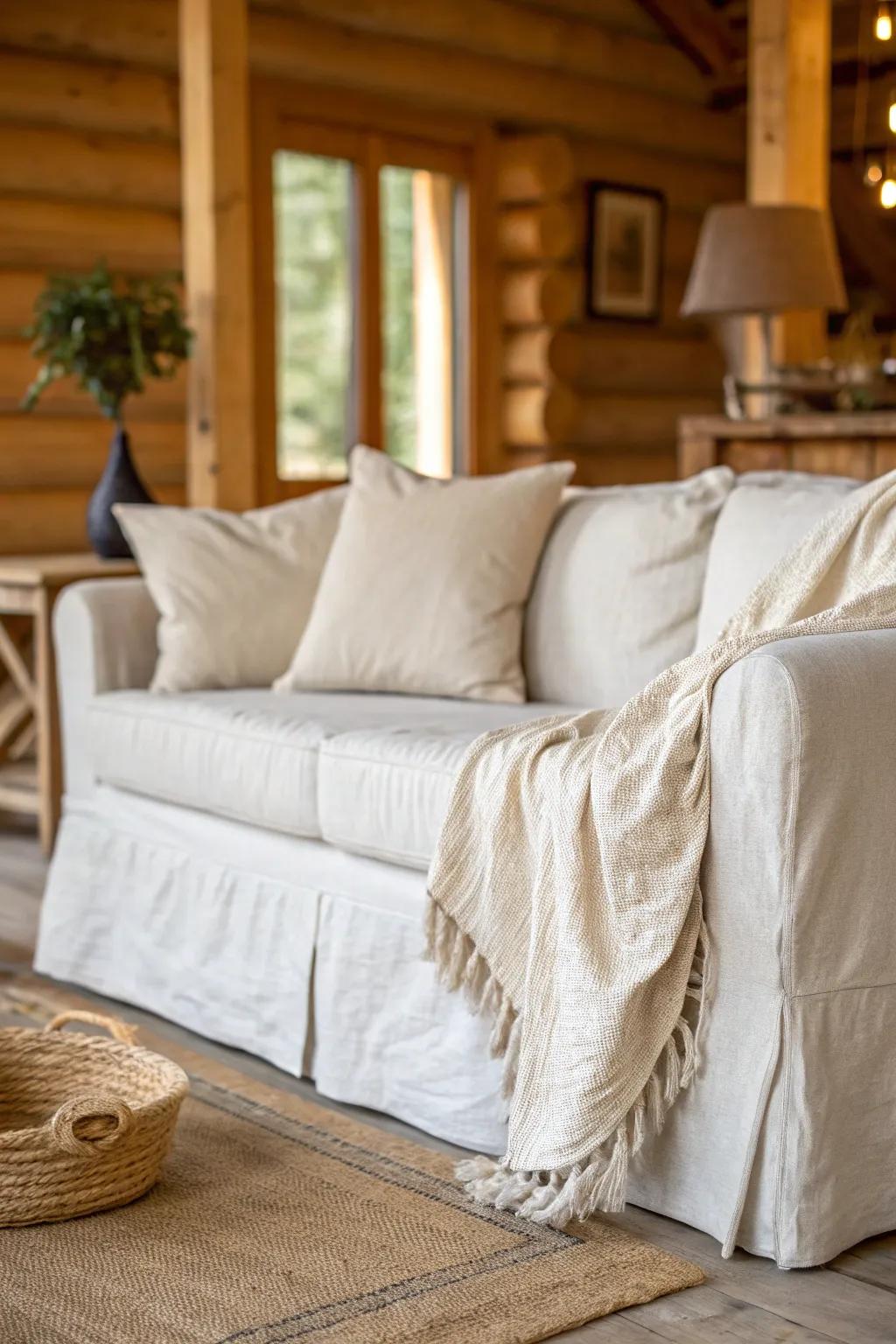 Oatmeal slipcovered sofa: soft, washable, and effortlessly modern against warm log walls.