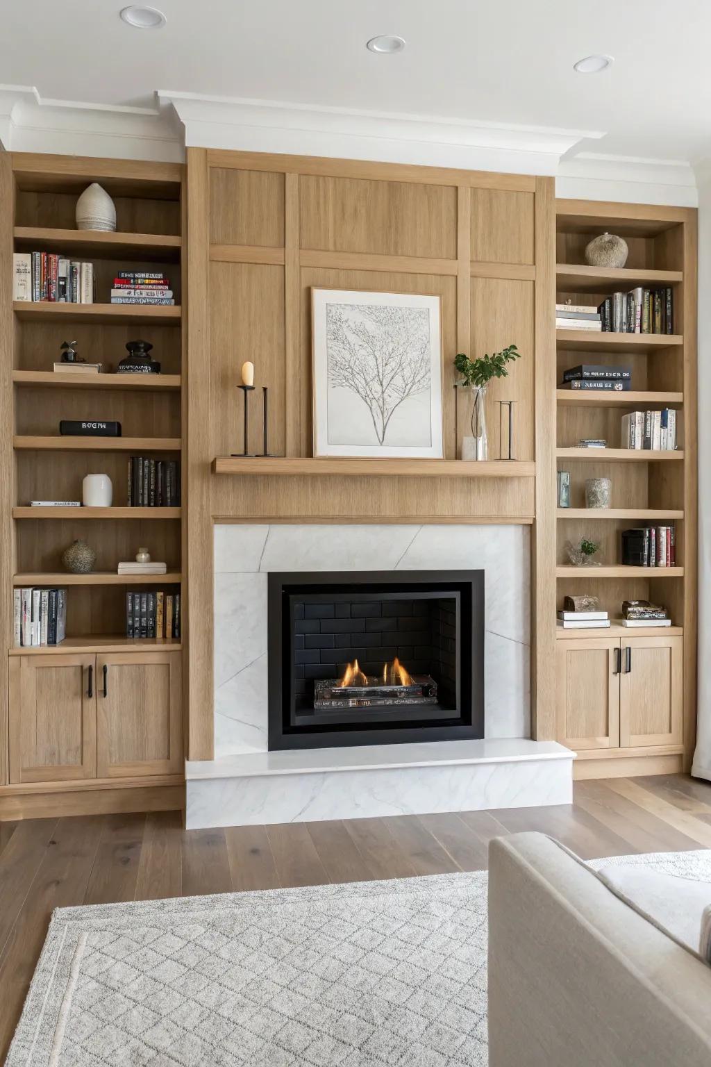 Symmetrical oak built-ins turn a sleek linear fireplace into a modern luxury focal point.