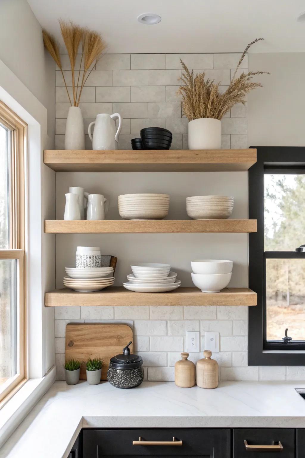 Symmetrical open-shelf stacks frame the hood for a modern, curated kitchen look.