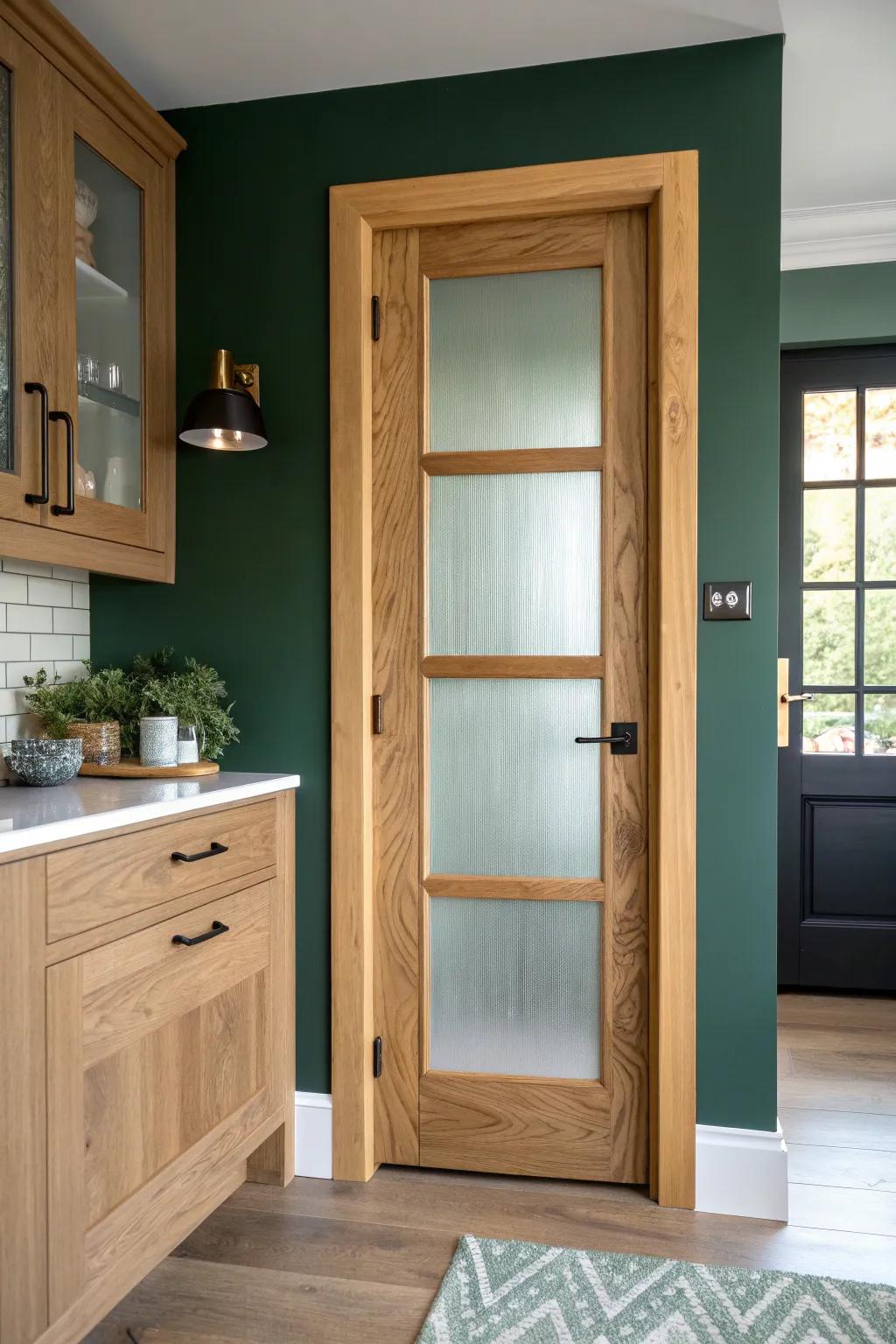 Frosted glass pantry door: airy light, no clutter—warm wood frame and modern brass pull.