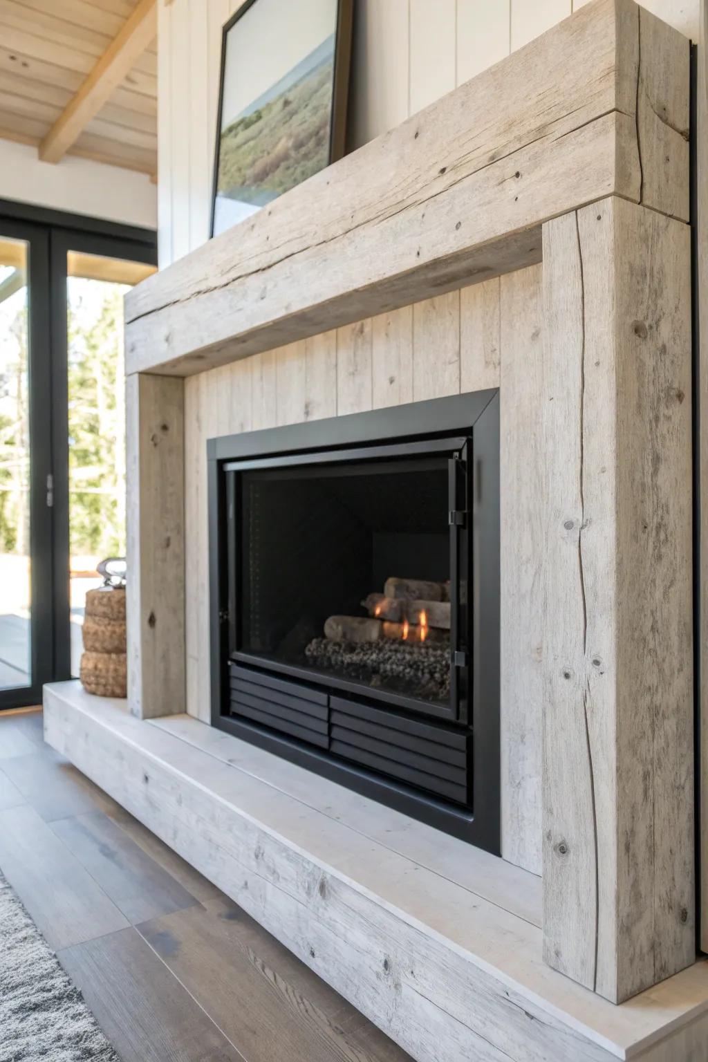 Matte black firebox frame + raw wood texture—modern lines with rustic warmth.