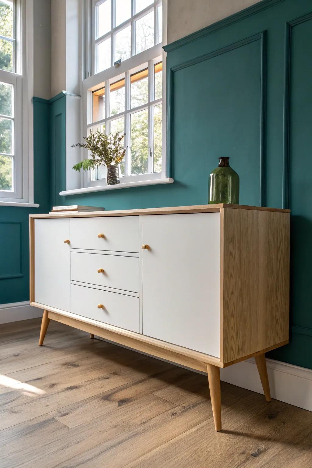 Chalky-painted sideboard, clean lines and simple pulls—shabby chic charm with modern ease.