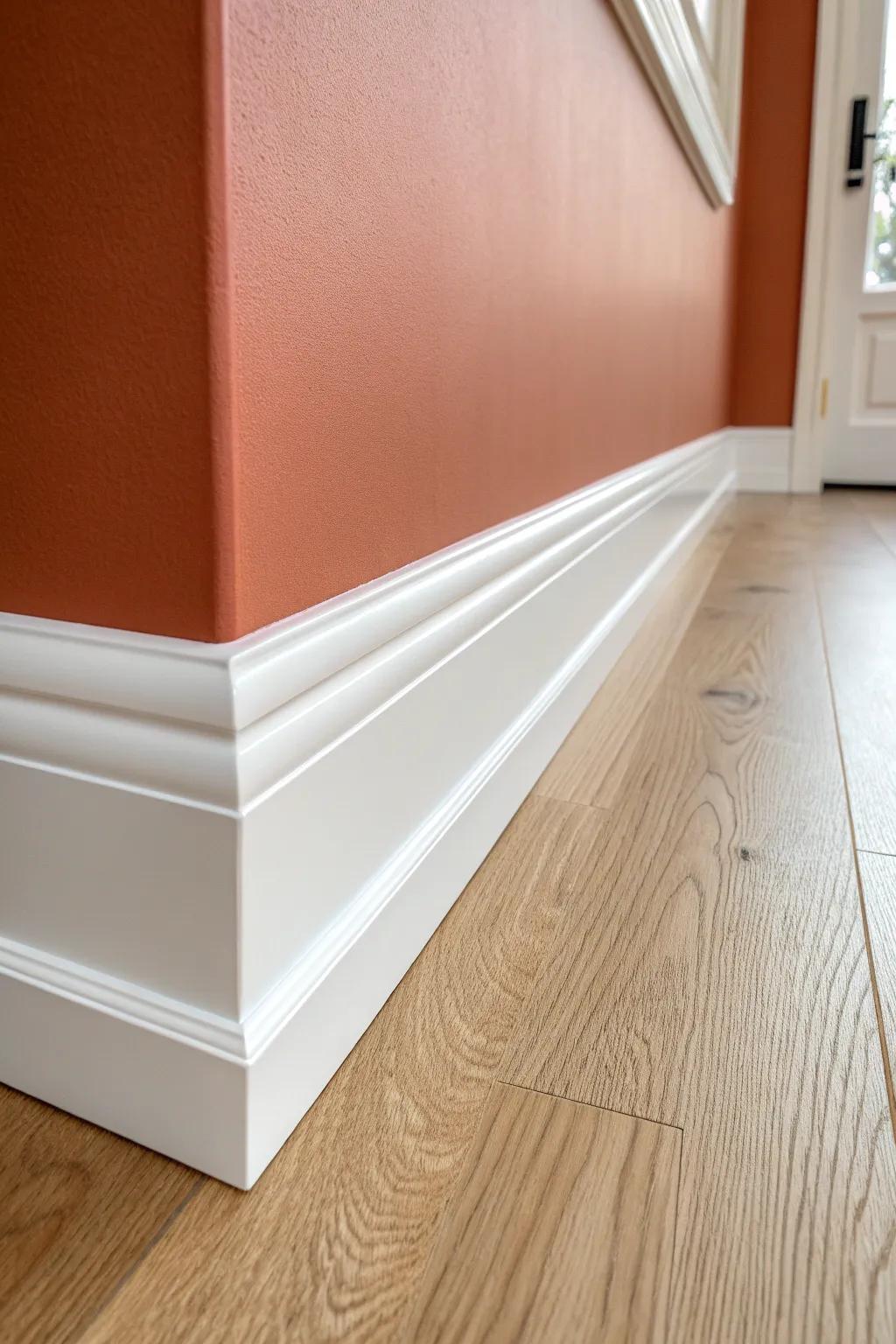 Extra-tall flat baseboards: minimalist lines with dramatic height for a custom, grounded look.
