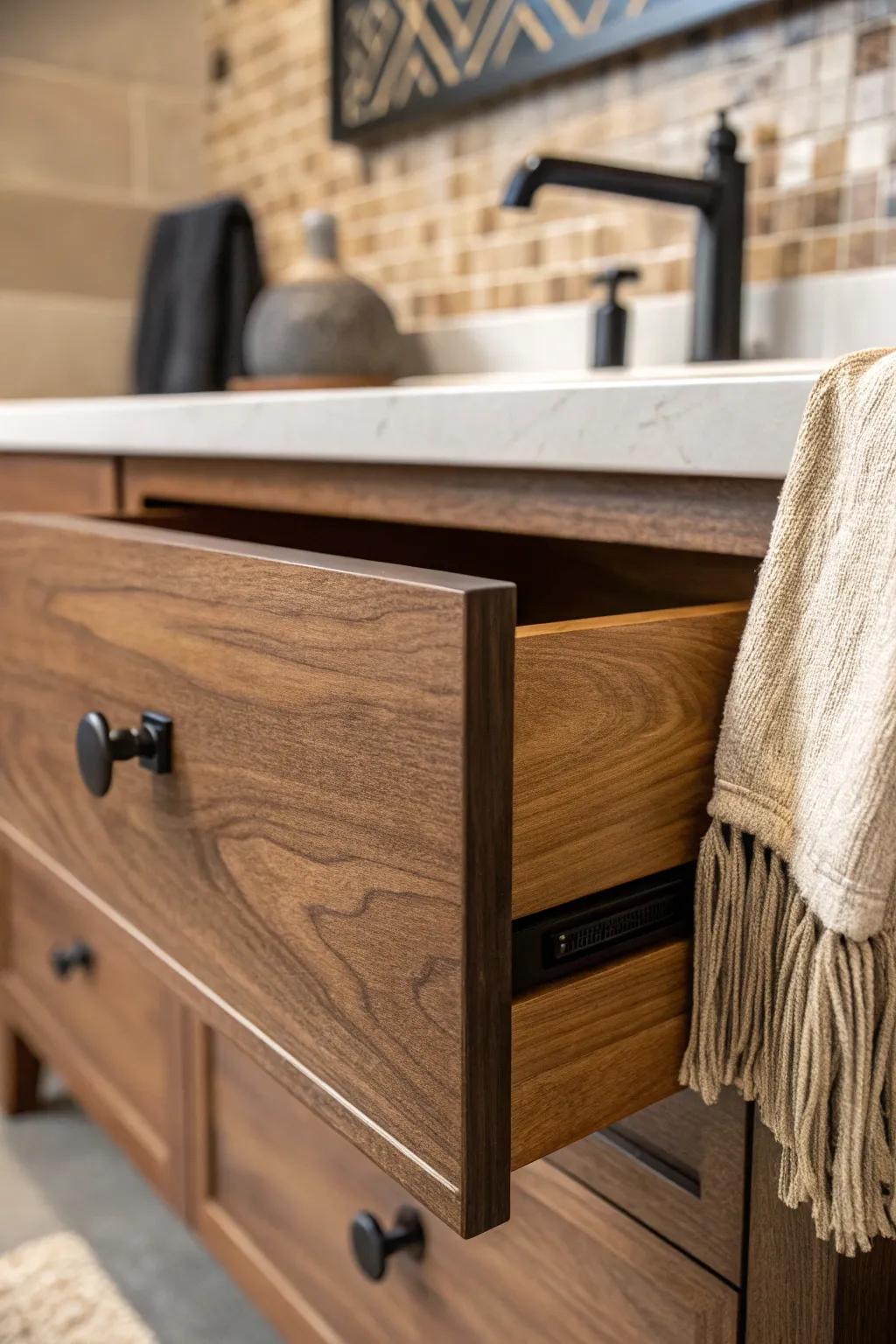 Matte black hardware on warm walnut adds modern Tuscan contrast—simple, bold, timeless.