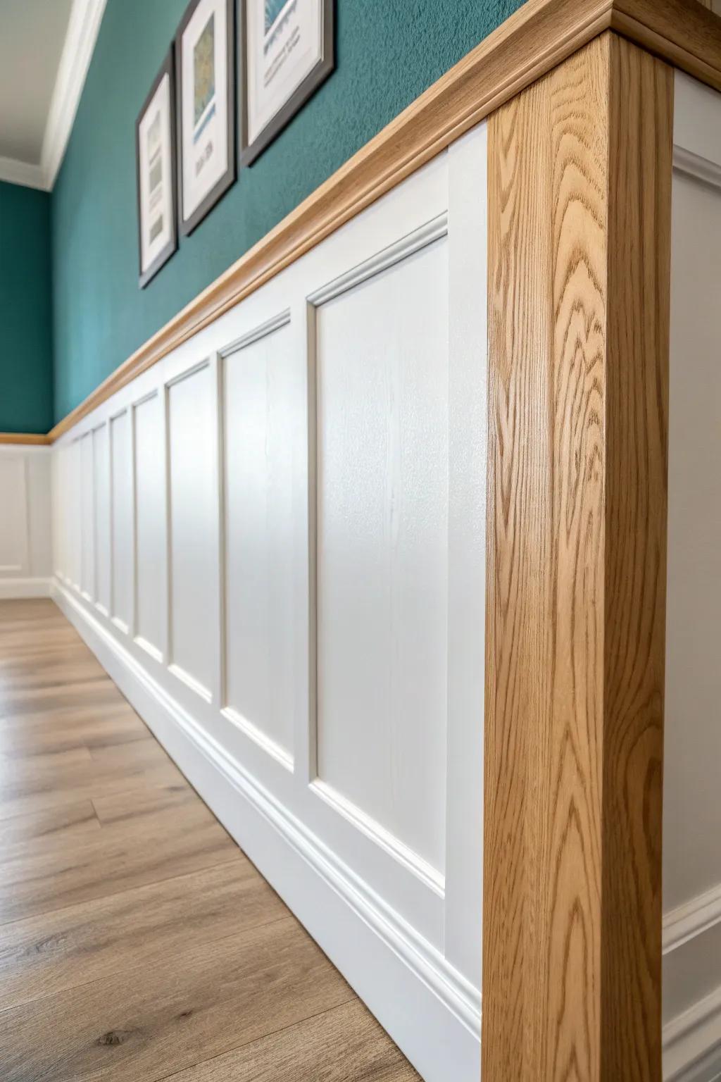 Half-wall wainscoting with an oak cap rail—clean, modern, and instantly built-in feel.