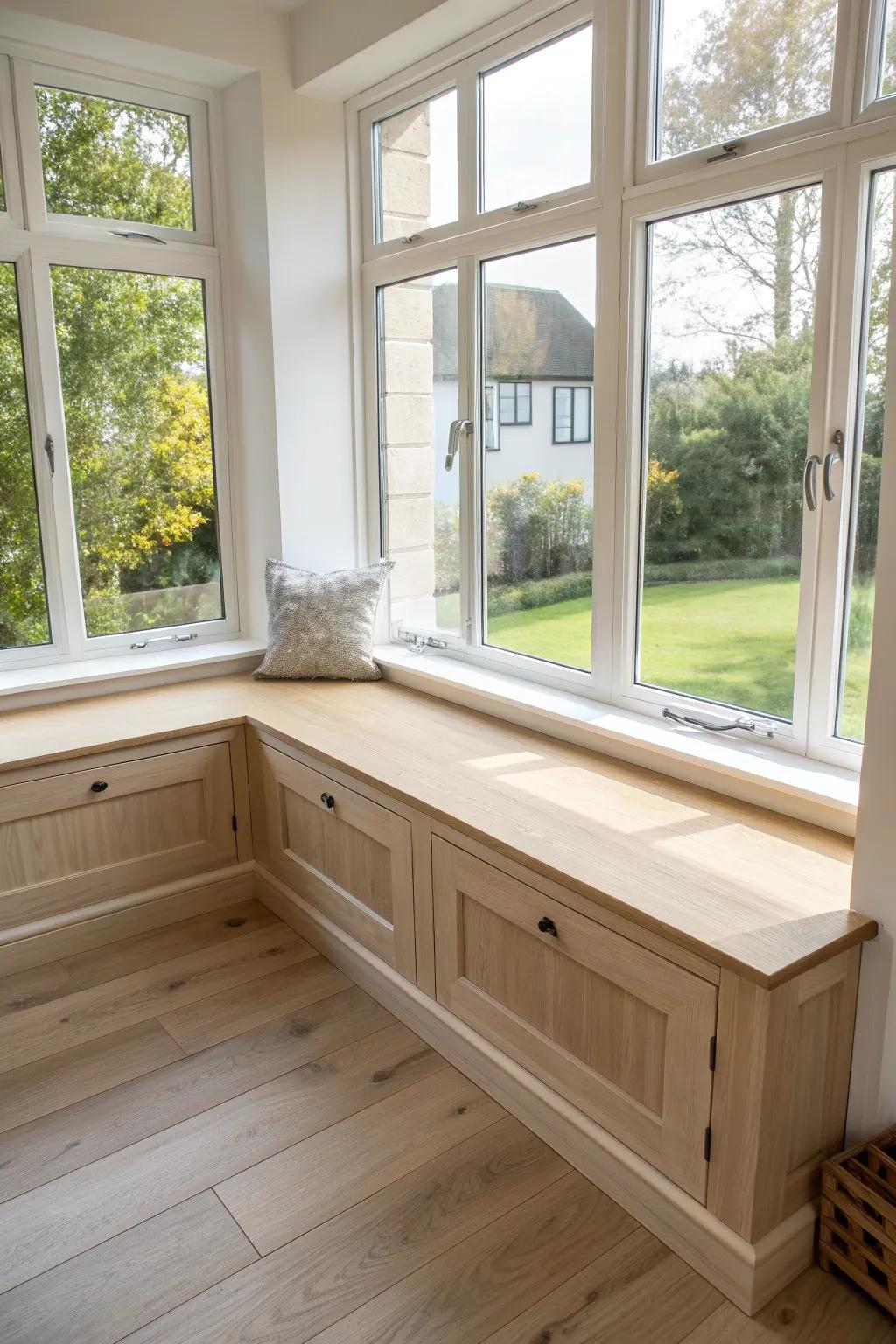 Minimal oak corner window seat—quiet craftsmanship, bold cushions, and wraparound light.