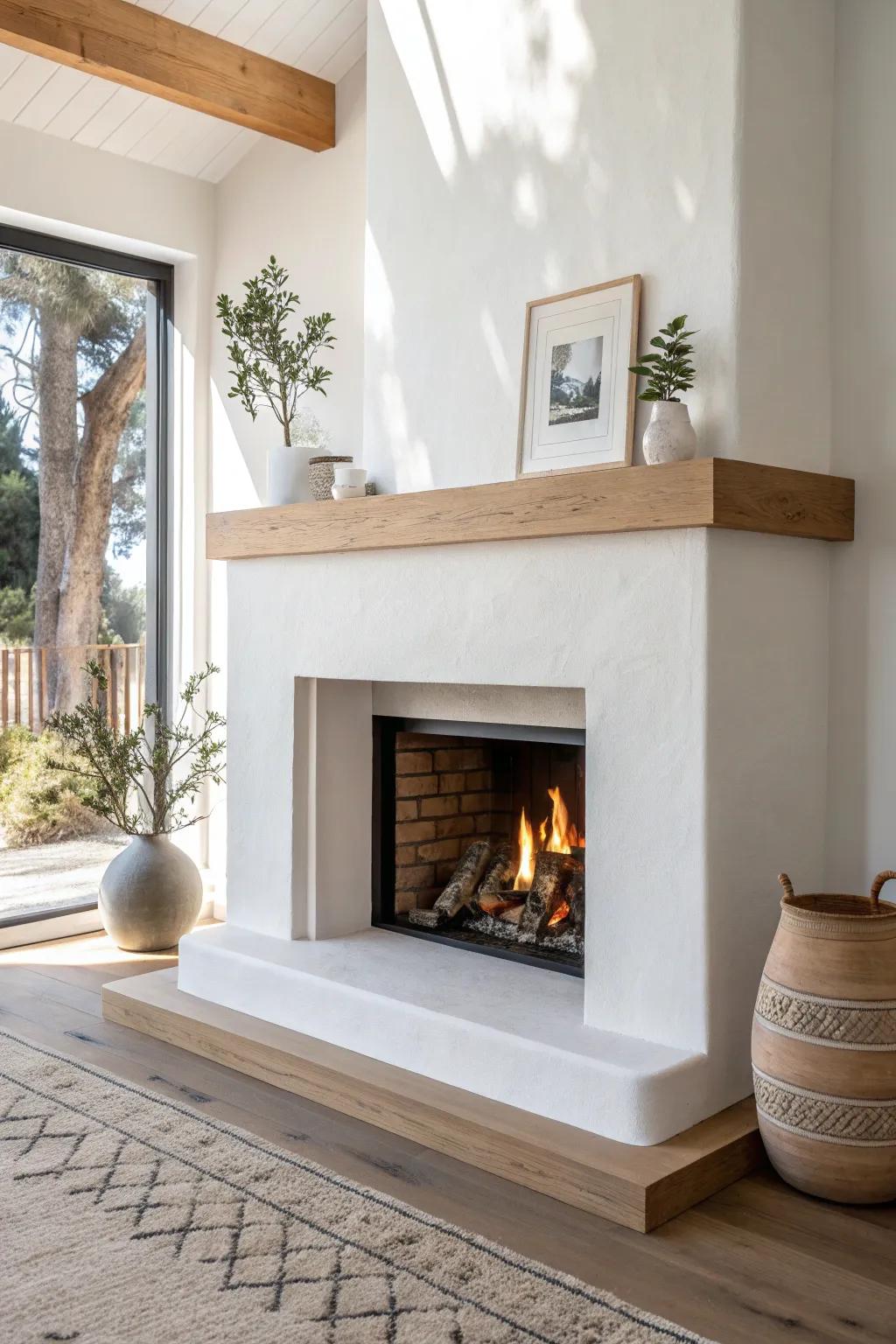 Smooth plaster meets a calm oak beam—modern fireplace contrast with warm, crafted simplicity.