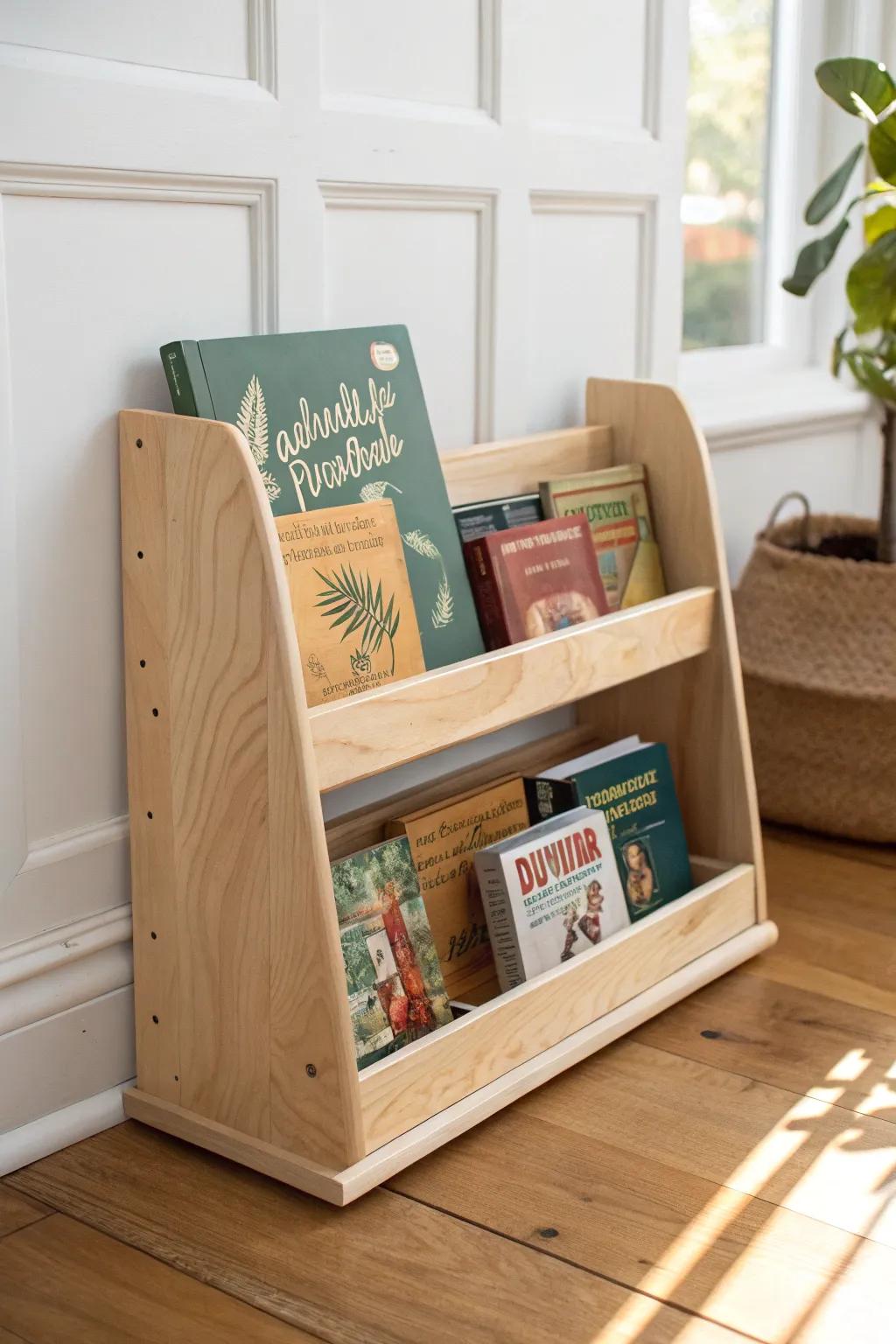 Front-facing book rail + Montessori shelf: kid-friendly access with beautiful handcrafted birch.