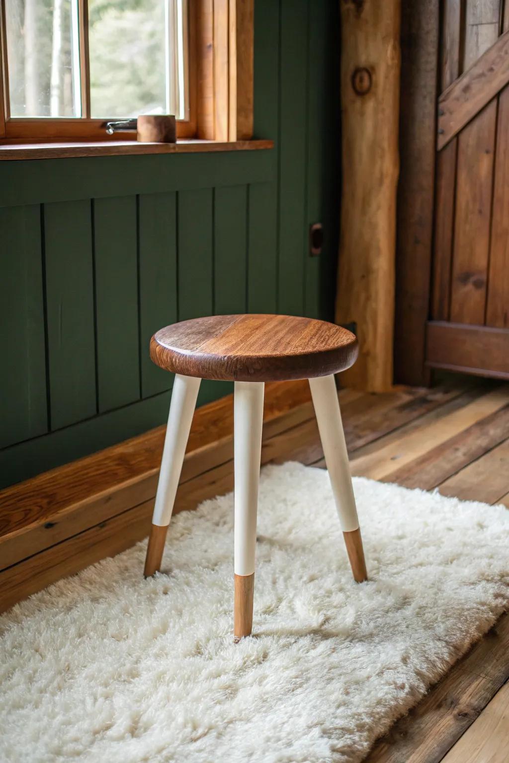 Forest green, warm wood, and creamy whites—an instant cozy mountain-cabin palette.