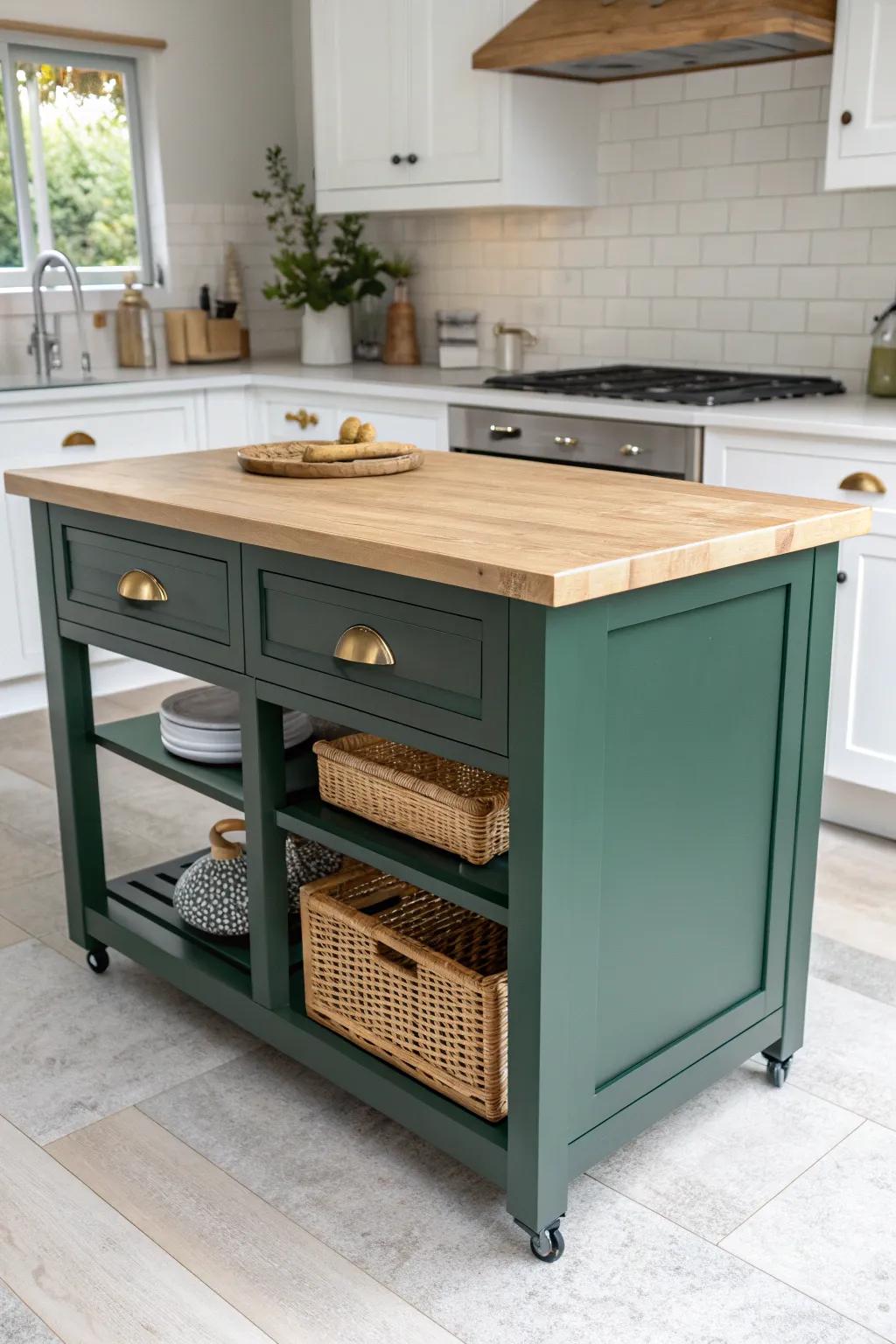 A roll-anywhere prep station: sleek drawers up top and a tidy cabinet below—beautifully practical.