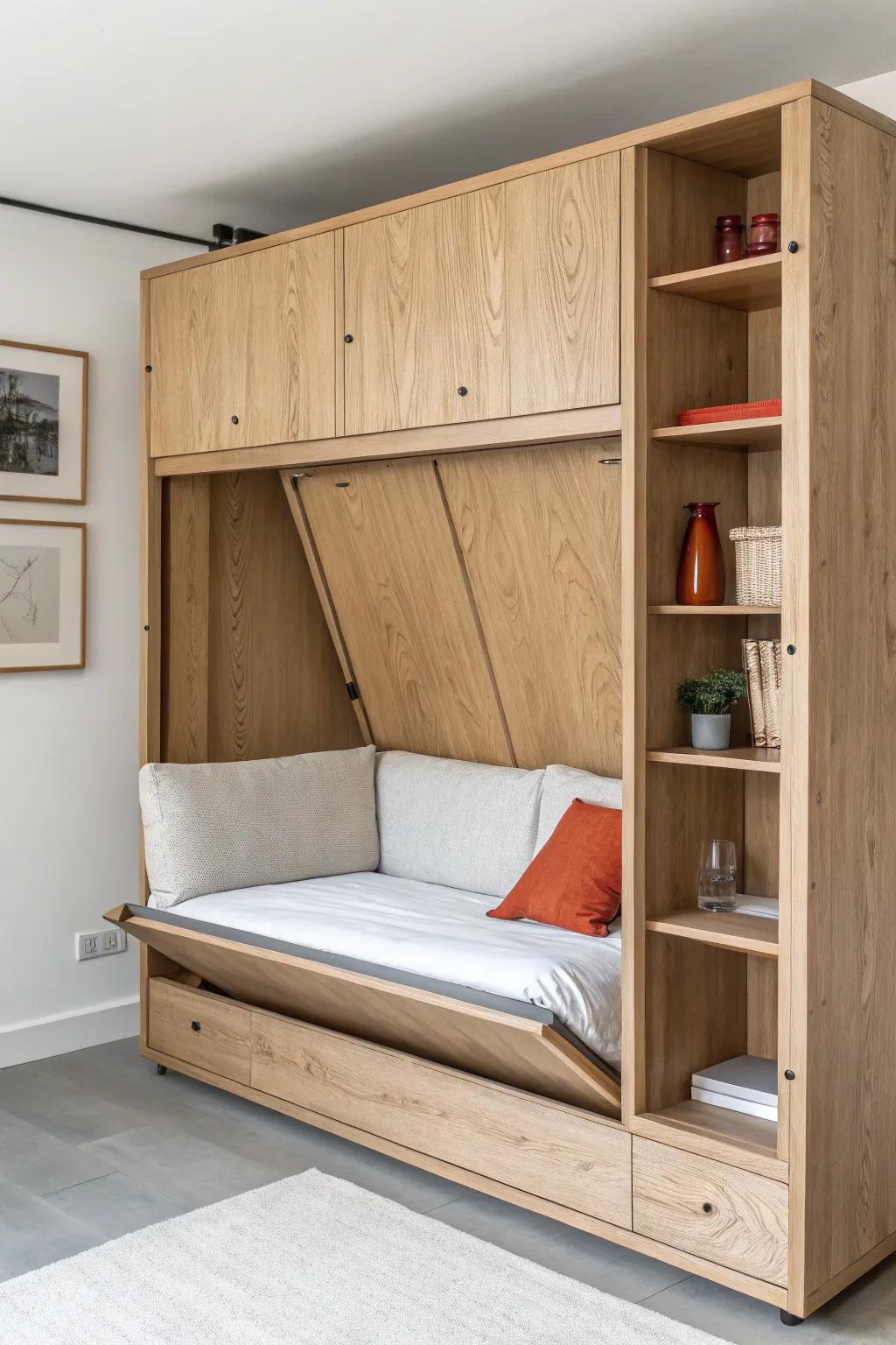 Wall bed + built-in sofa: lounge by day, fold down a real bed at night—no shuffling needed.