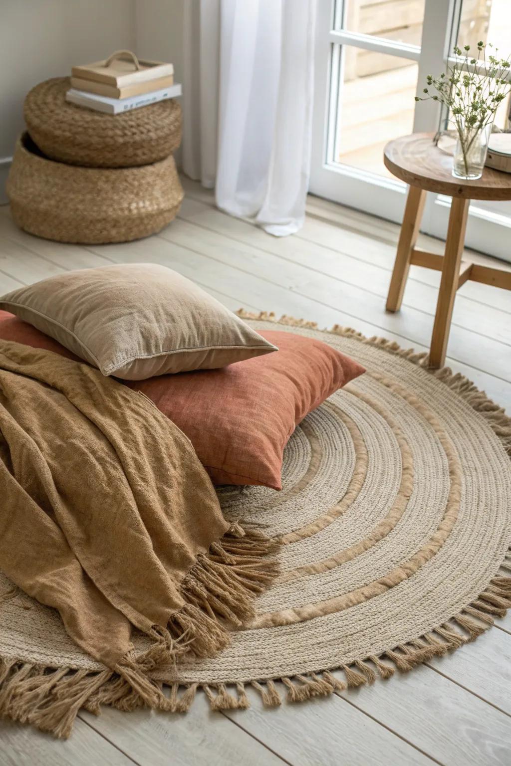 Layered jute and linen in soft earth tones—instant warmth, texture, and grounded calm.