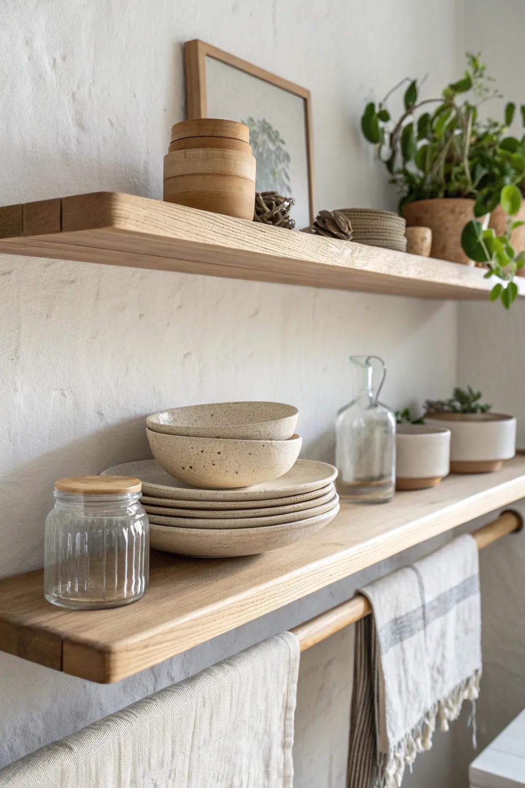 Light oak open shelves keep it airy—simple ceramics and clear jars become calm decor.