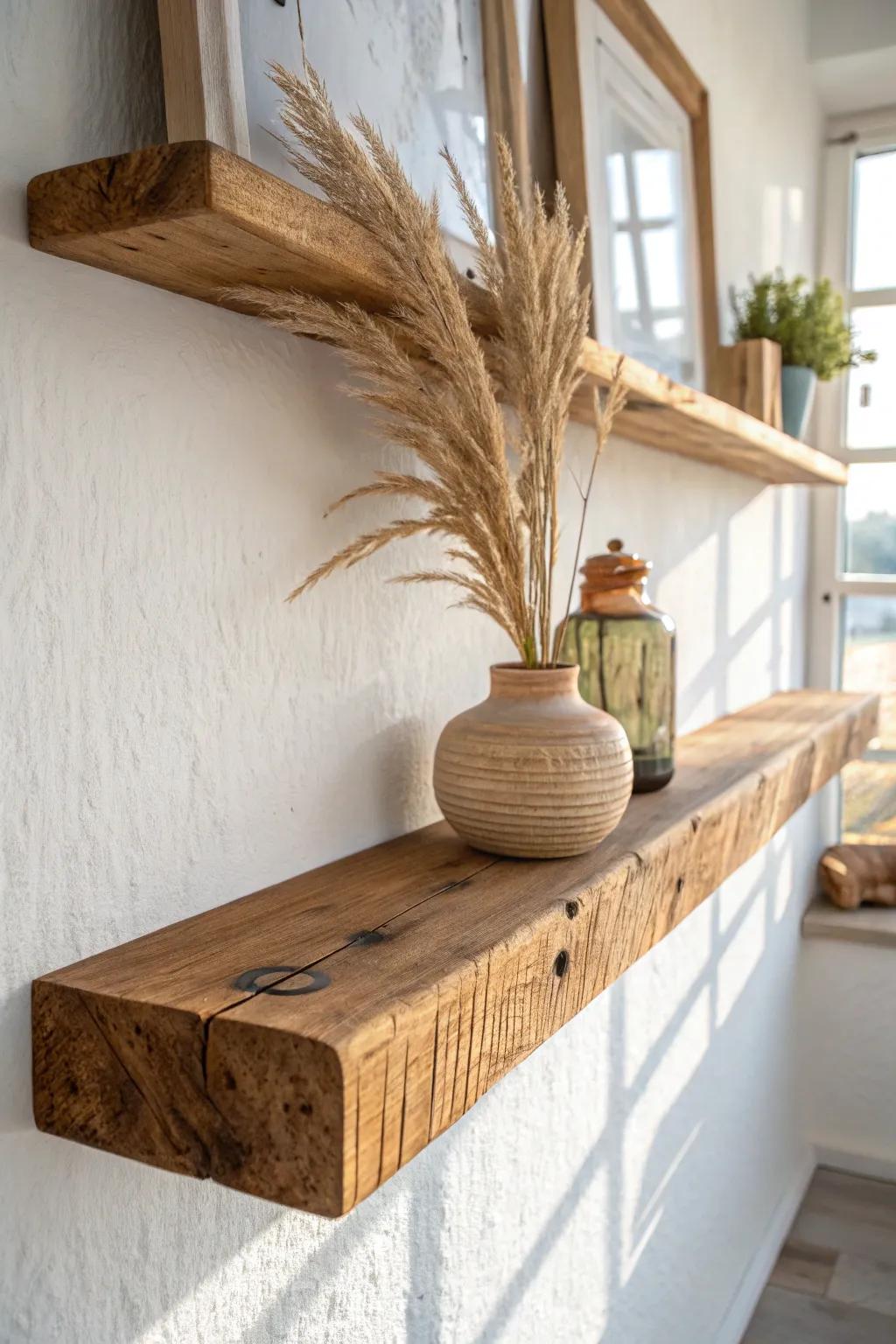 Chunky salvaged-wood floating shelf—minimal, warm, and perfectly styled with natural texture.
