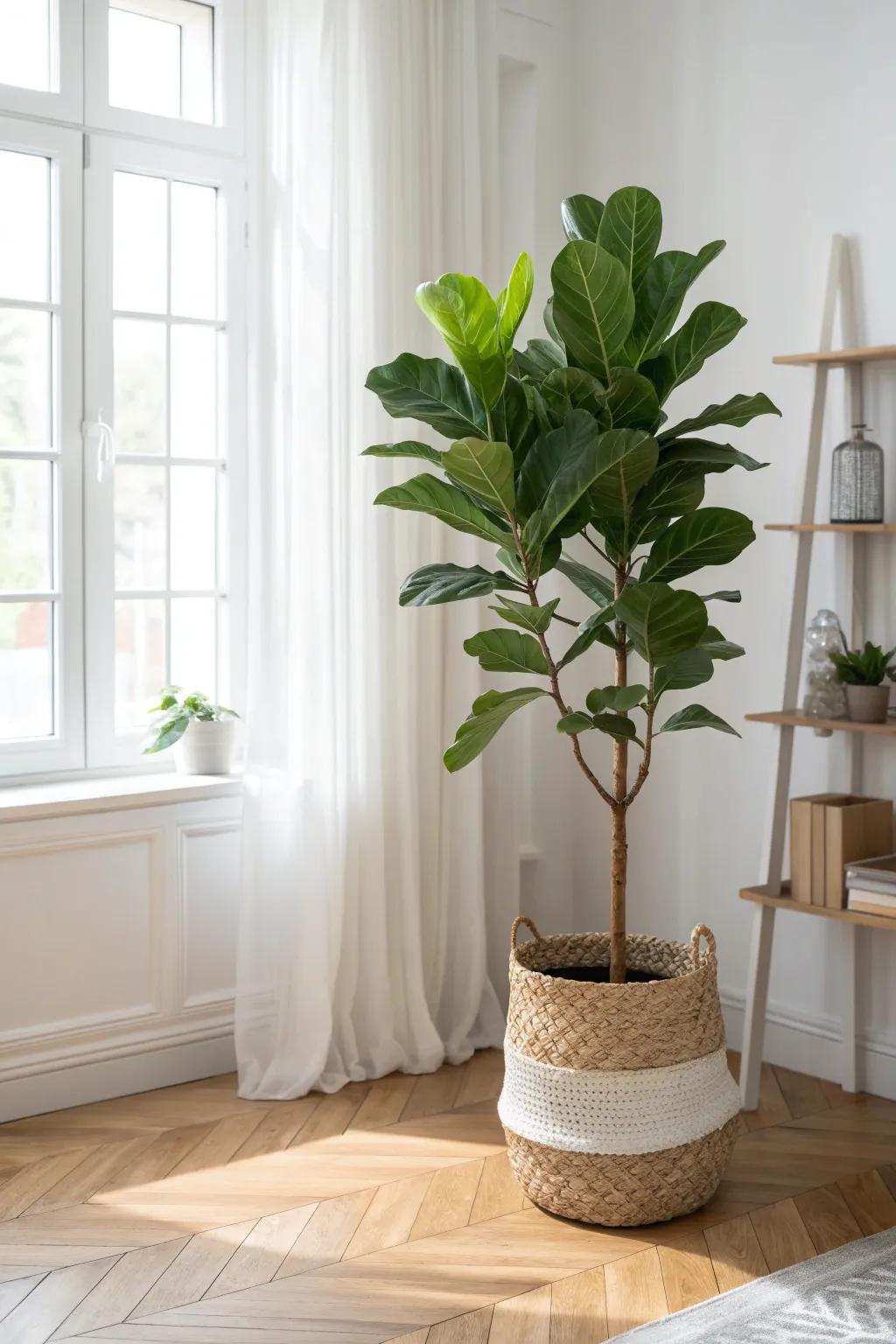 A statement indoor tree in a woven basket brings instant life and warmth to any living room.