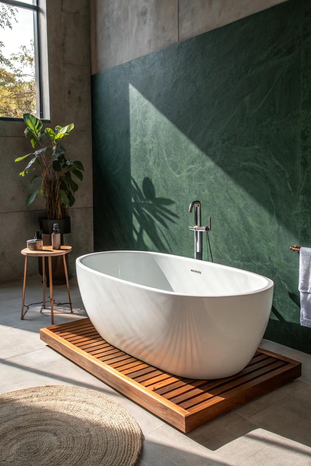 A pond-like freestanding tub with a chunky walnut tray—minimal, boho, and nature-calm.