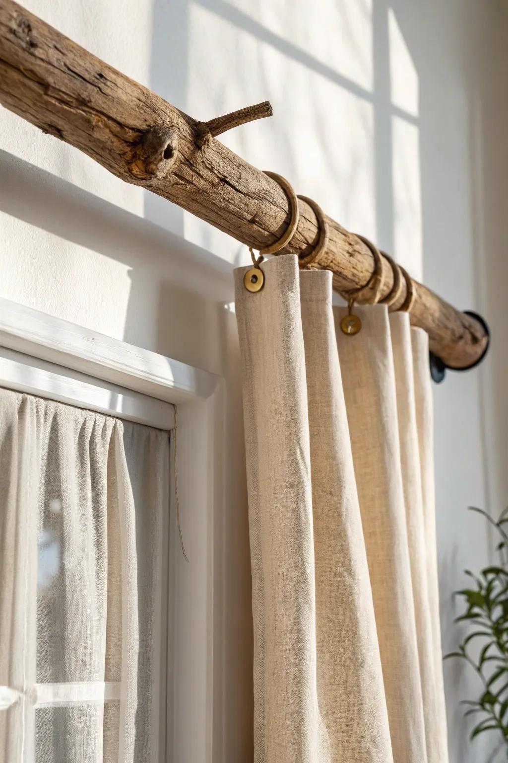 Branch-inspired curtain rod: Nordic minimalism meets boho warmth with bold, natural contrast.