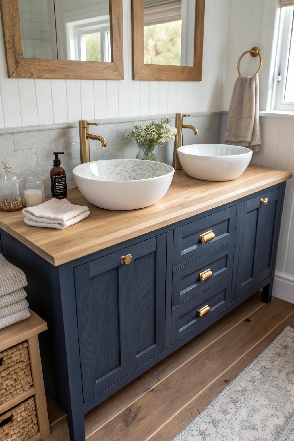 Deep navy double vanity with brass accents—shared-bath style with warm wood and clean lines.