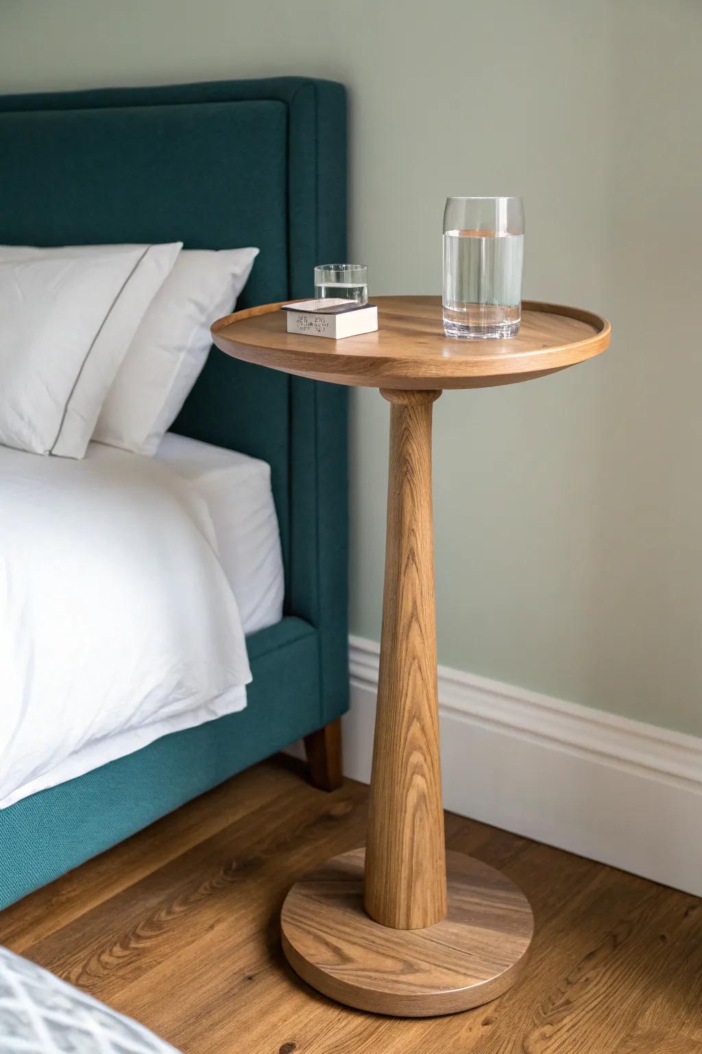 A slim oak pedestal table fits tight bedside gaps—beautiful, minimal, and perfectly practical.