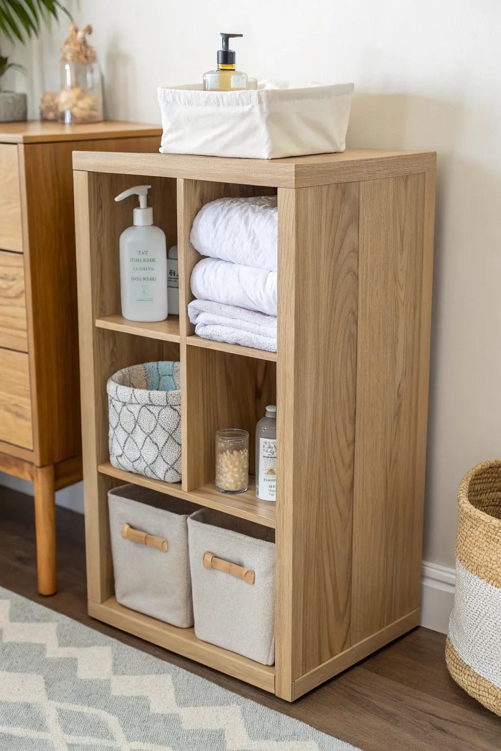 Diaper Cube Command Center: oak cube storage with bins for diapers, wipes, and creams.