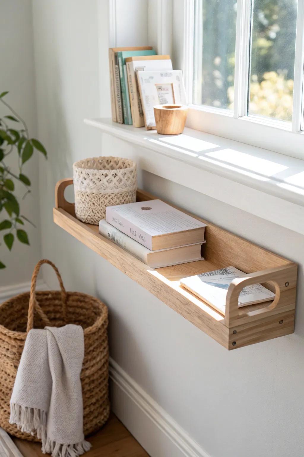 Low wooden shelves at kid height—easy book grabs, tidy resets, and timeless Scandinavian style.
