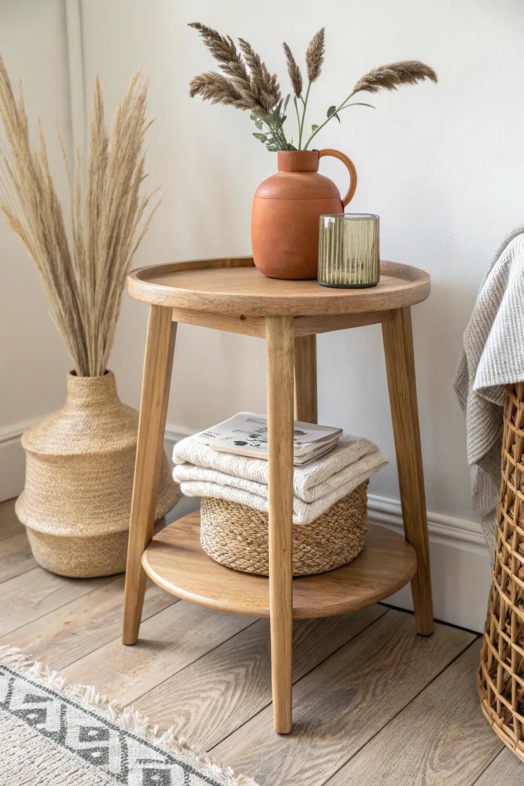 A two-tier nursery side table: styled top, hardworking bottom shelf for baskets and blankets.