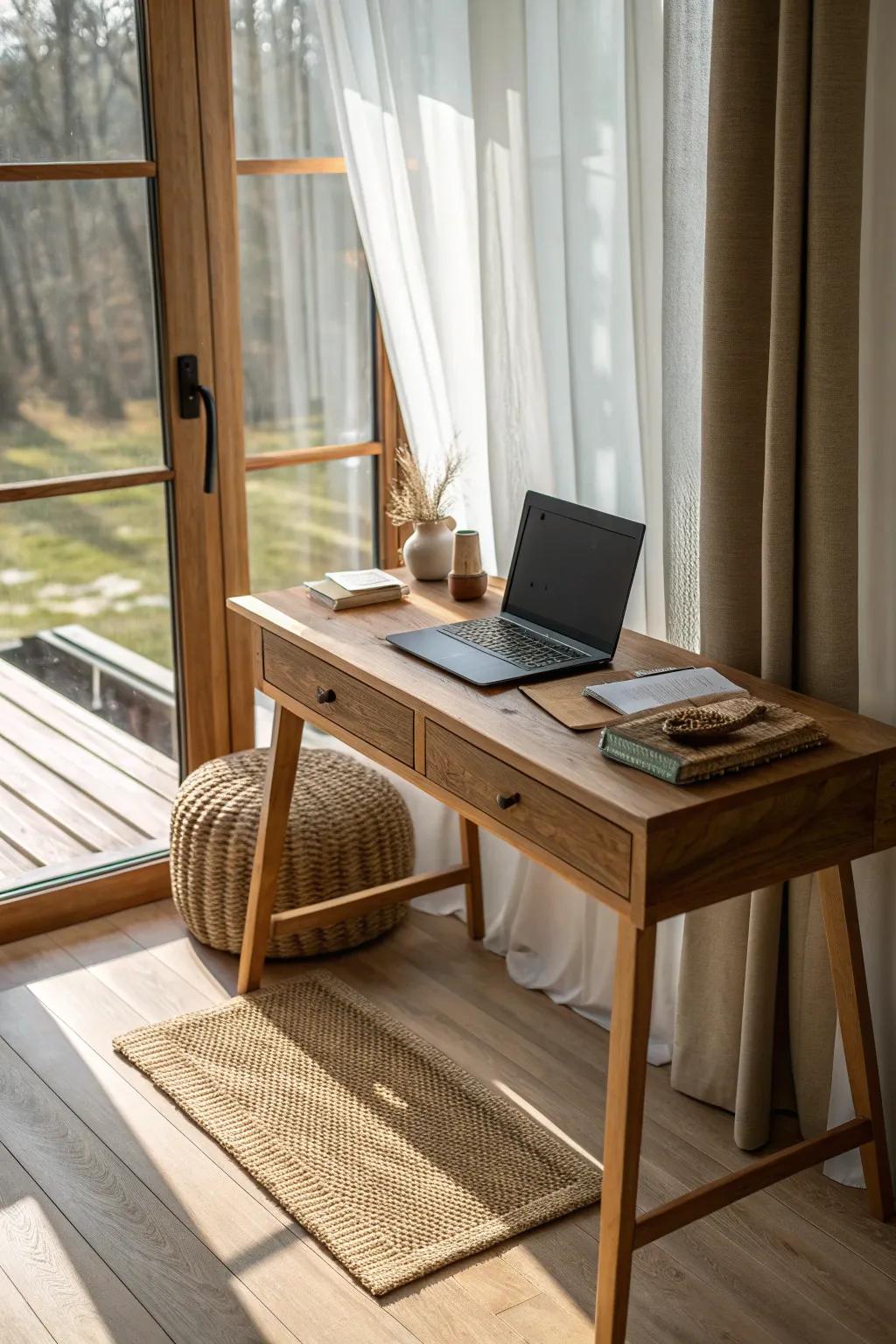 Window-side cabin desk in warm oak—soft curtains, glare-free setup, and a forest view.