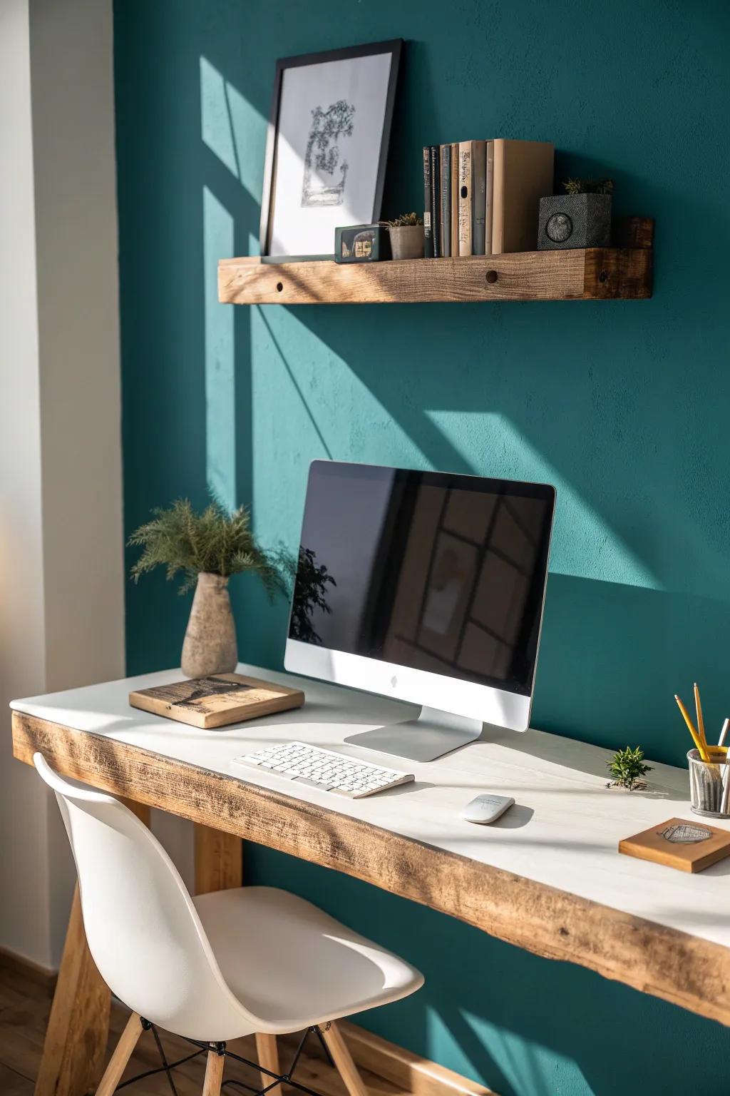 Reclaimed-wood floating shelf above the desk for airy storage, cozy texture, and clean lines.
