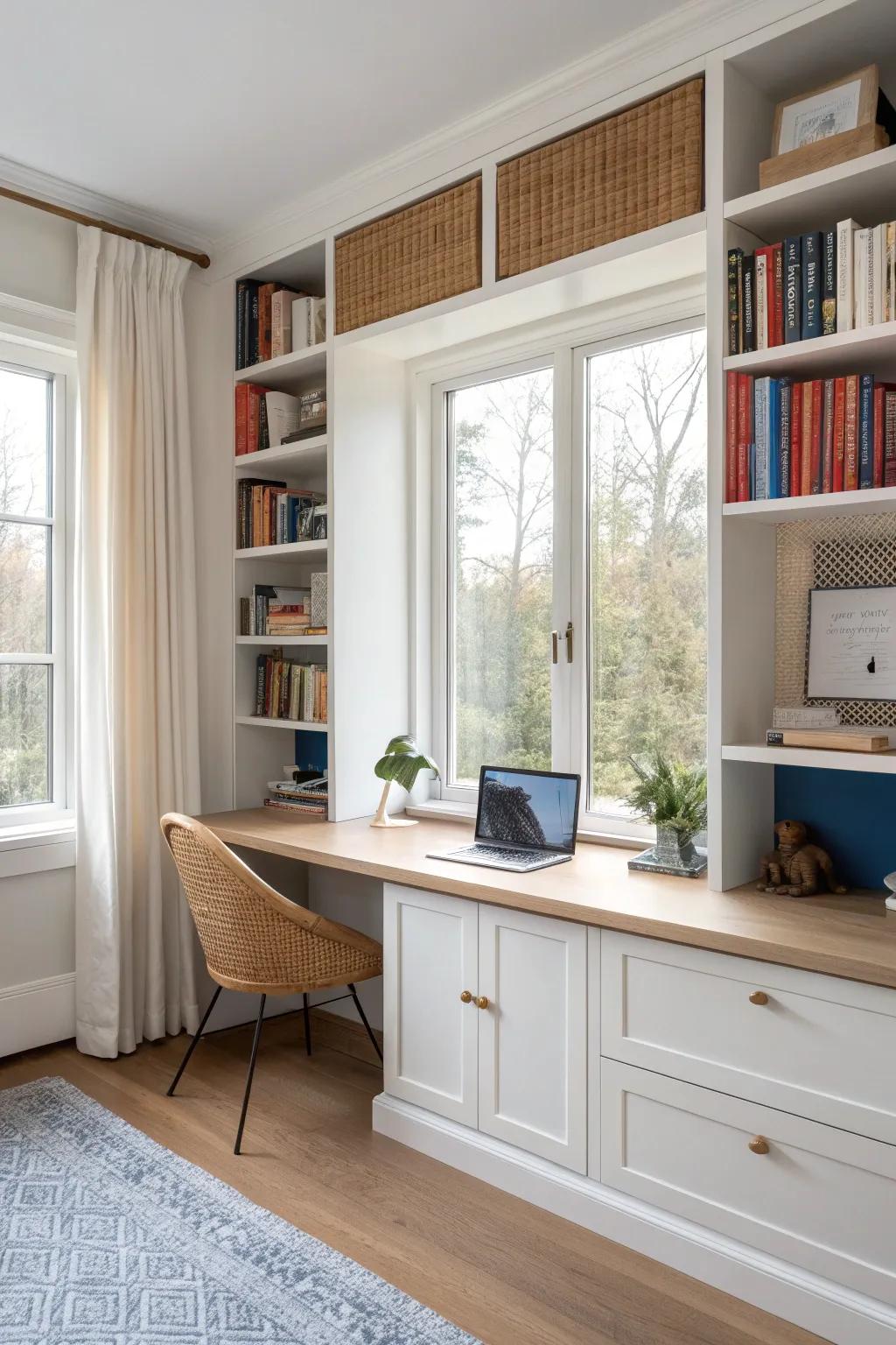 Sunlit window desk framed by side shelves—minimal, warm wood, made for work and books.